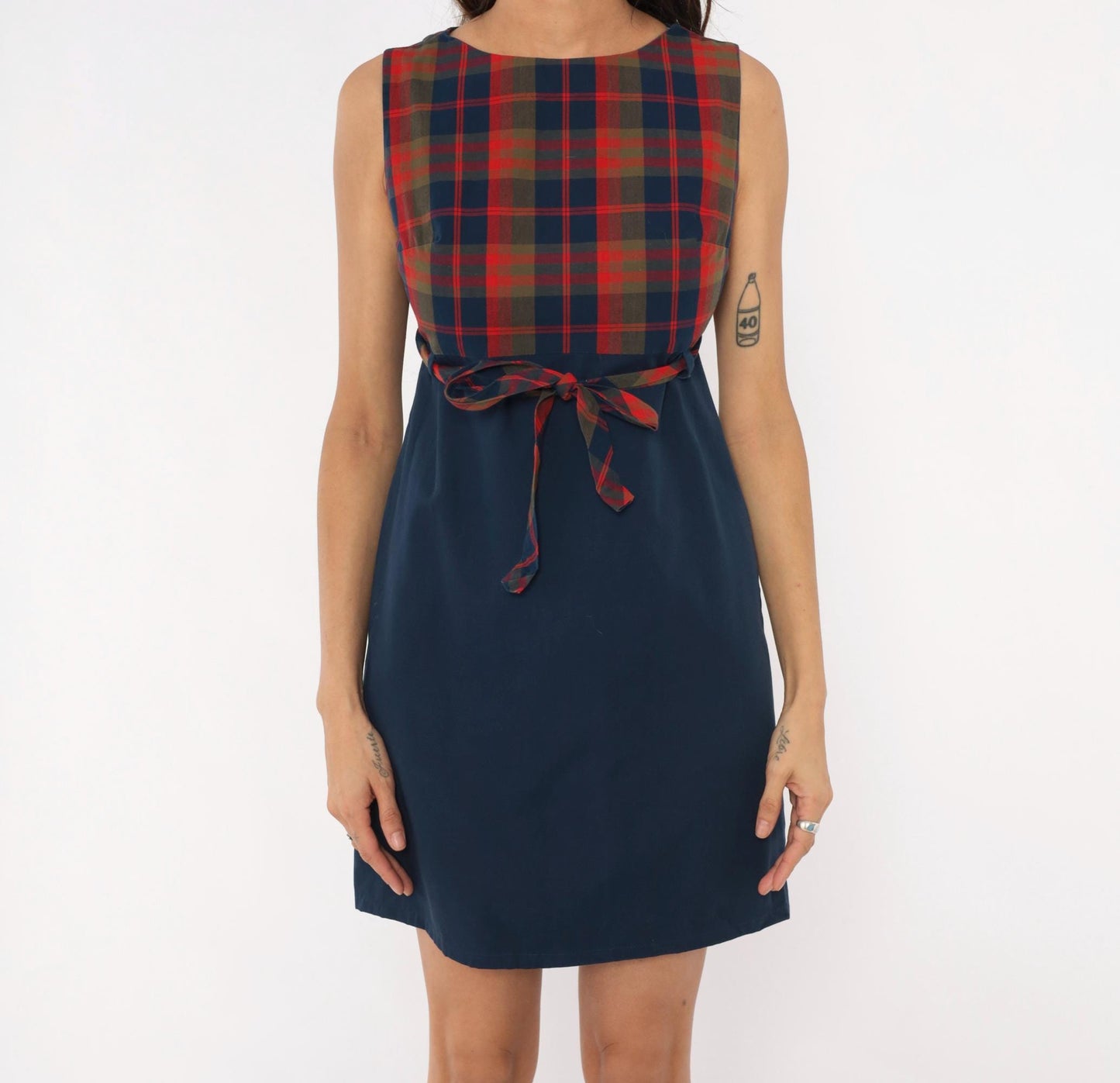 60s College Town Boston Plaid Mini Dress Navy Red Tartan Shift Tie Waist Extra Small XS