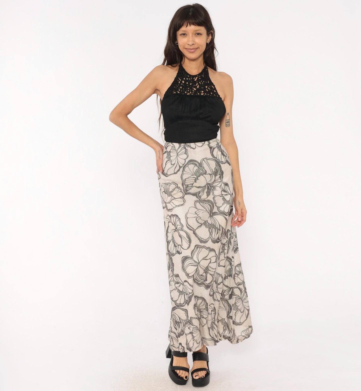 70s Mikey Jrs Crochet Halter Maxi Dress Black Grey Floral Metallic Open Back Extra Small XS