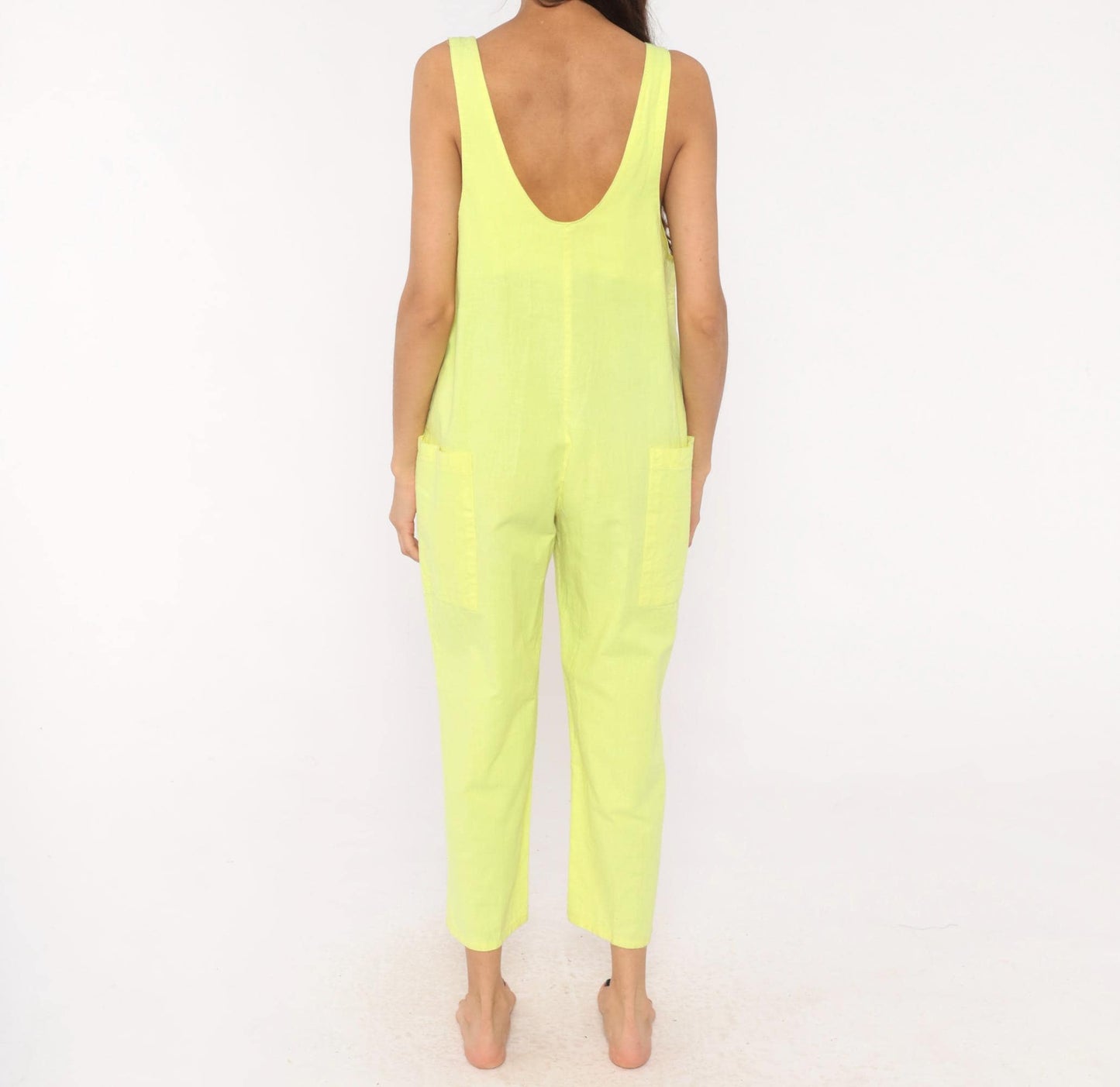 90s Ginger Neon Yellow Cotton Jumpsuit Deep V Neck Ankle Length Medium M