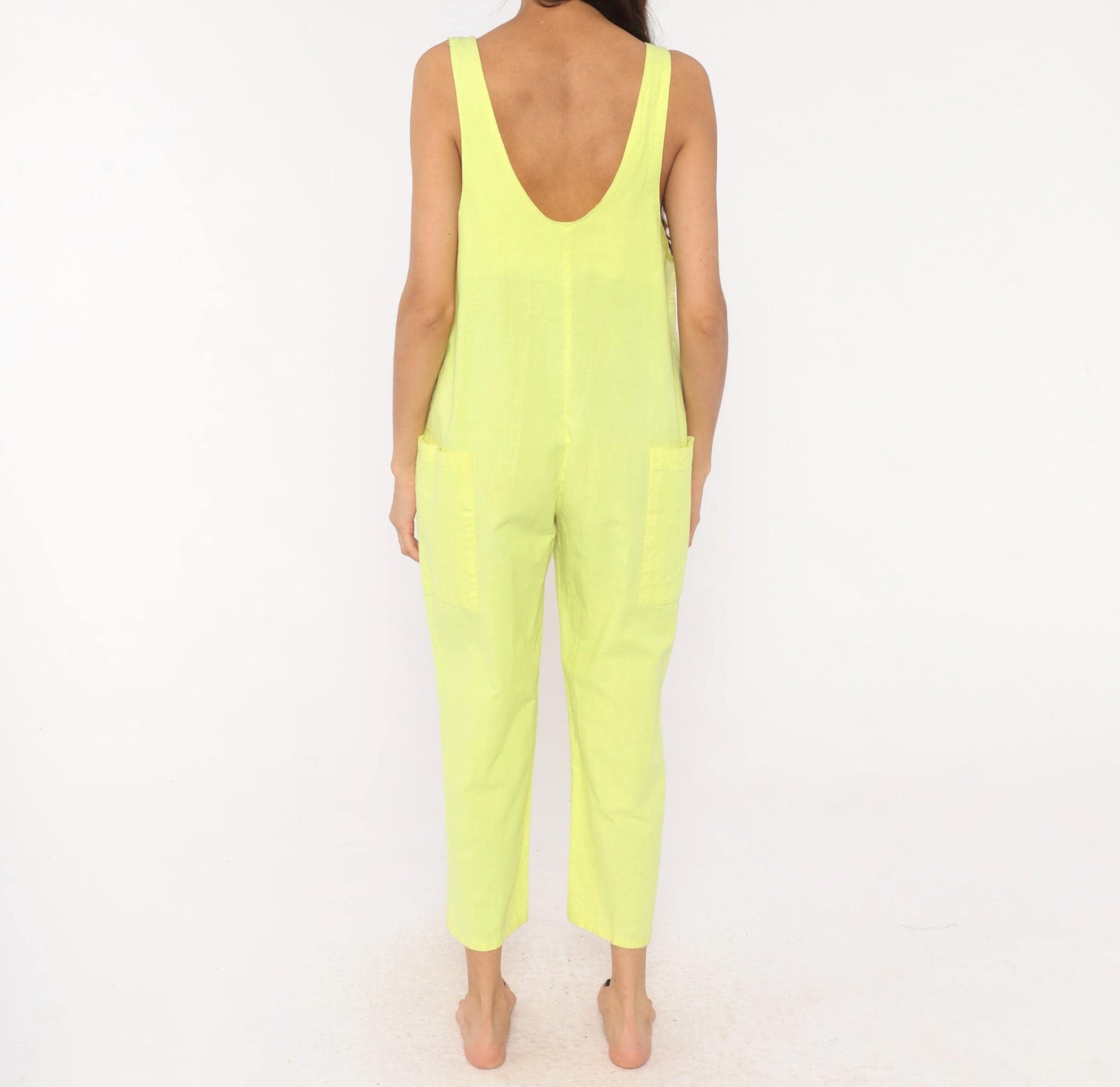 90s Ginger Neon Yellow Cotton Jumpsuit Deep V Neck Ankle Length Medium M