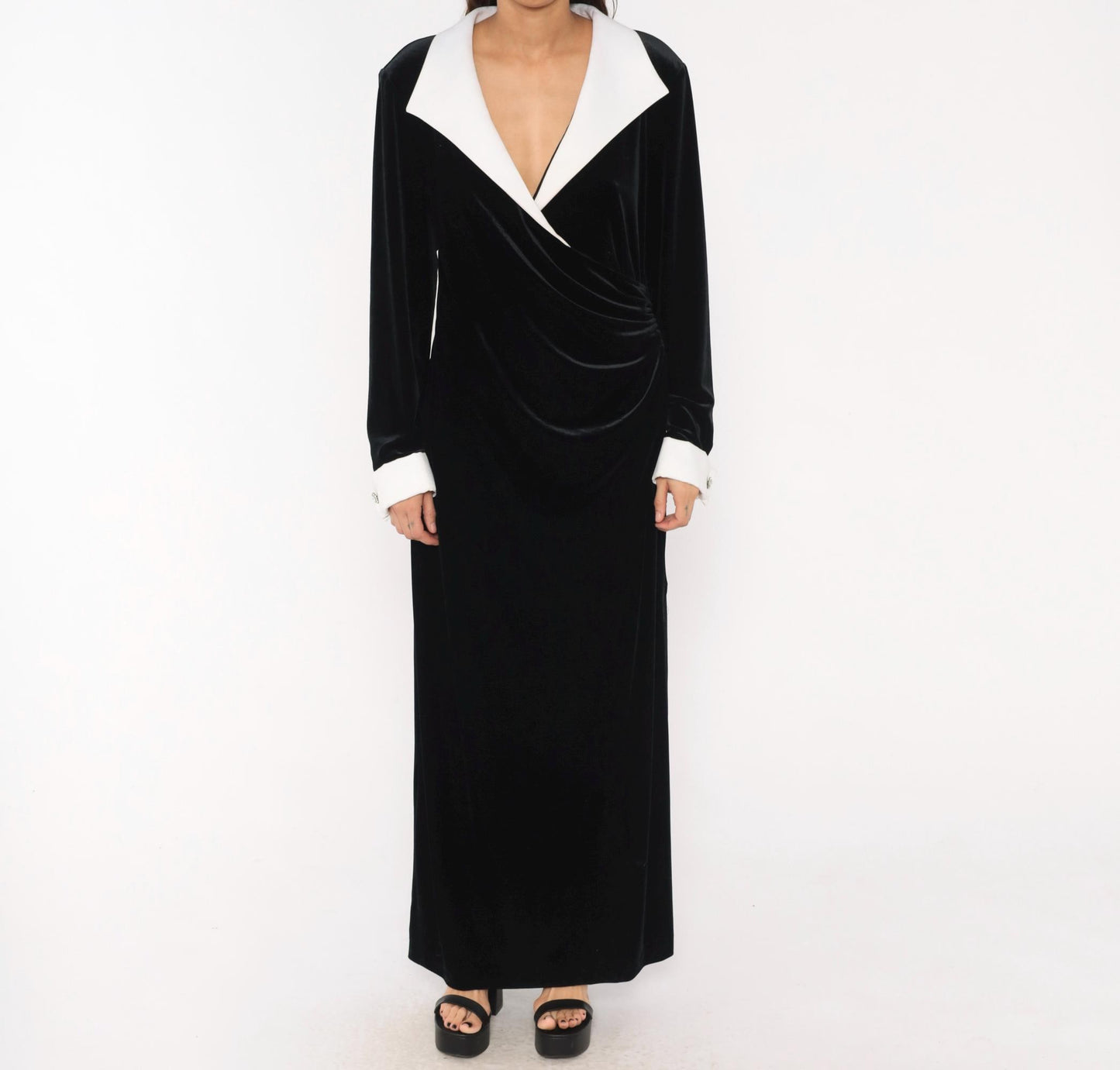 90s Cachet Black Velvet Maxi Gown White Collar Contrast Long Sleeve Extra Large XXL