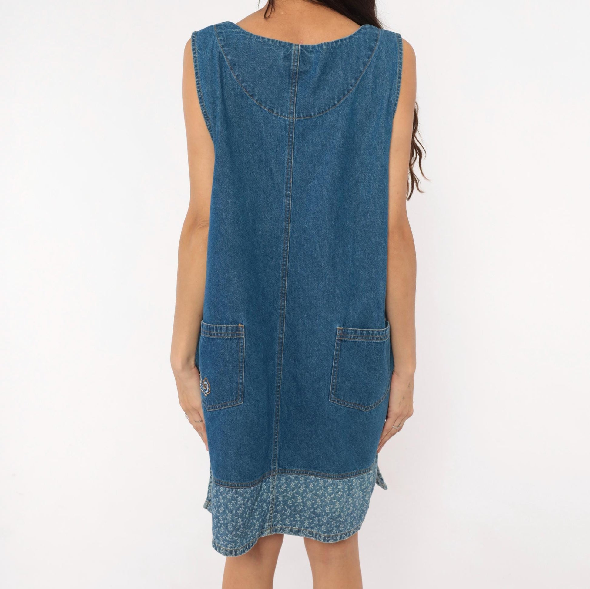 90s Erika & Co. Denim Shift Dress Embroidered Floral Cobalt Extra Large XXL