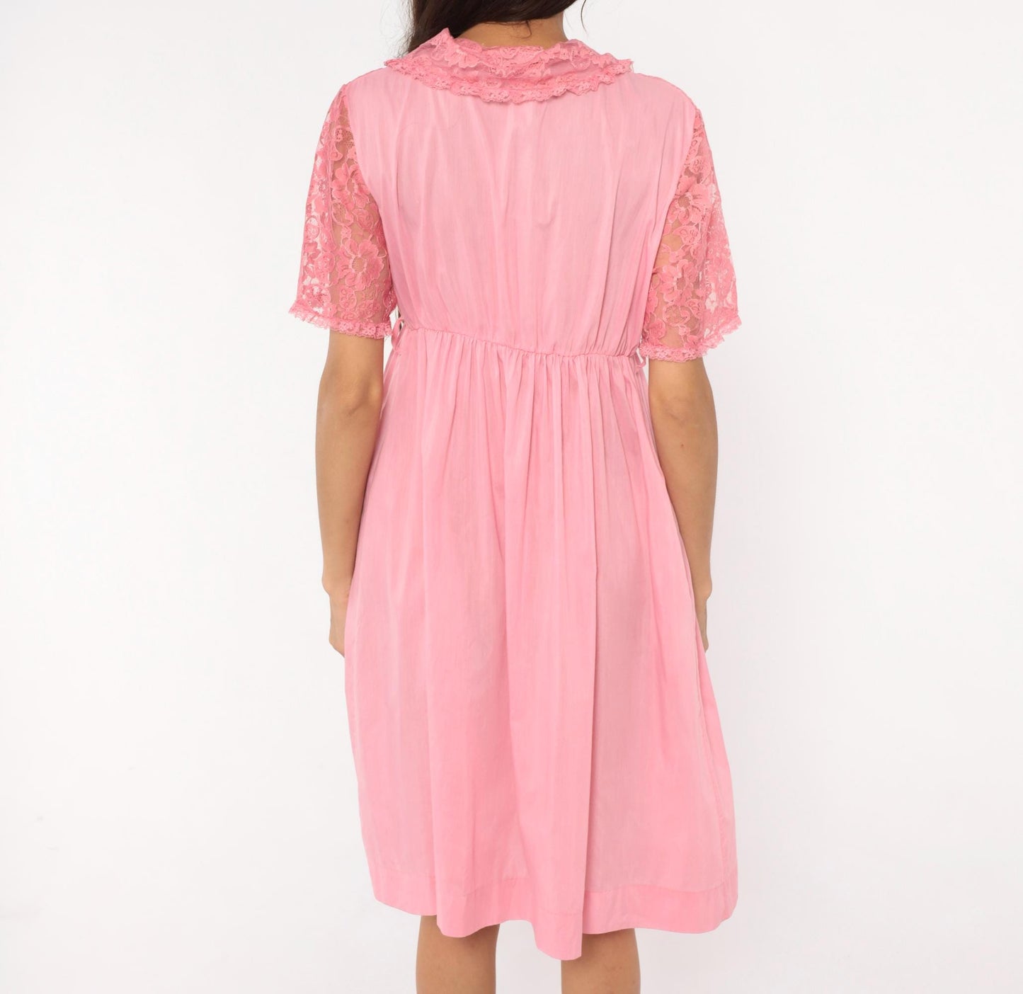 80s Pink Lace Housecoat Button Front Floral Nightgown Large L
