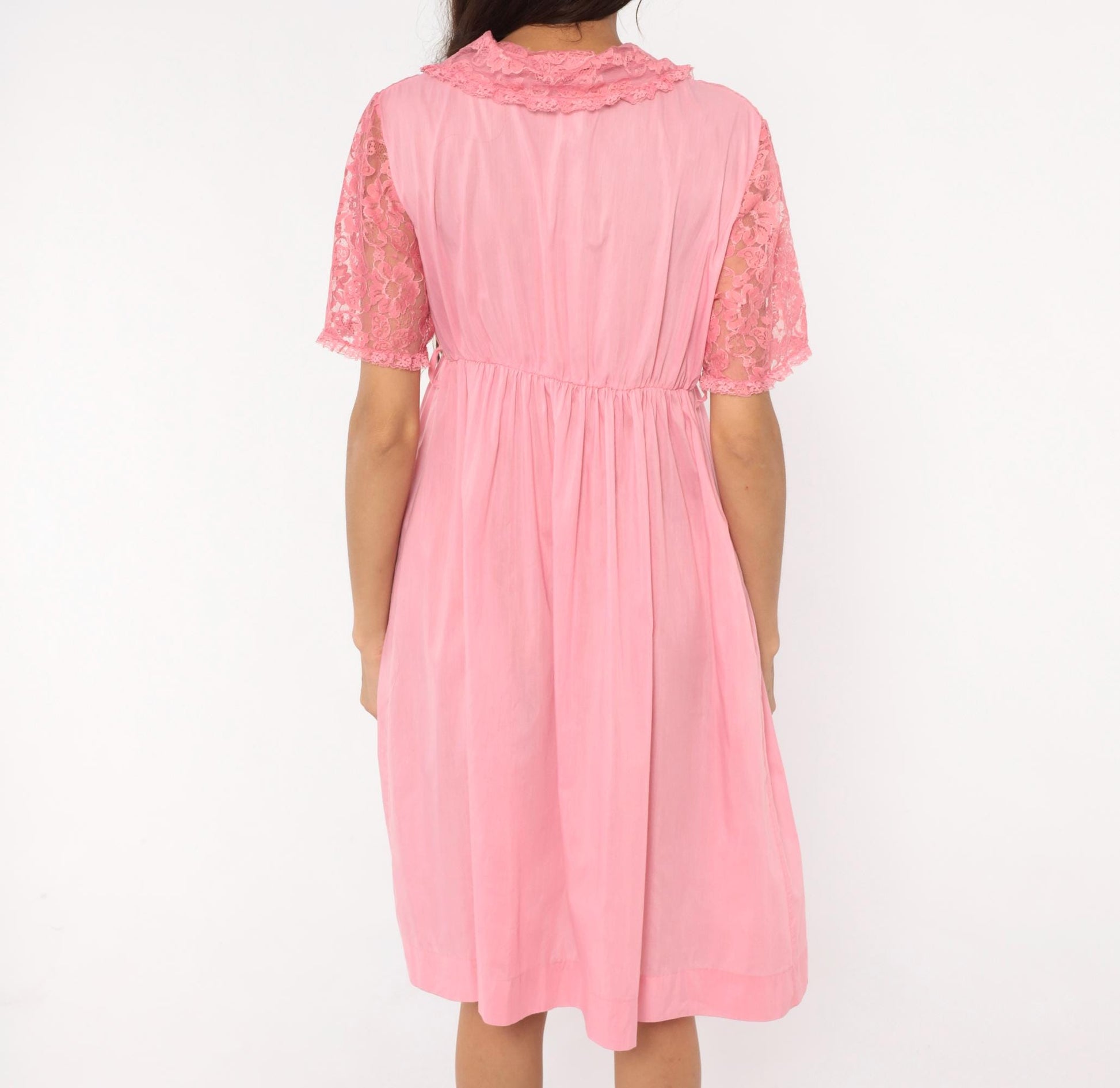 80s Pink Lace Housecoat Button Front Floral Nightgown Large L