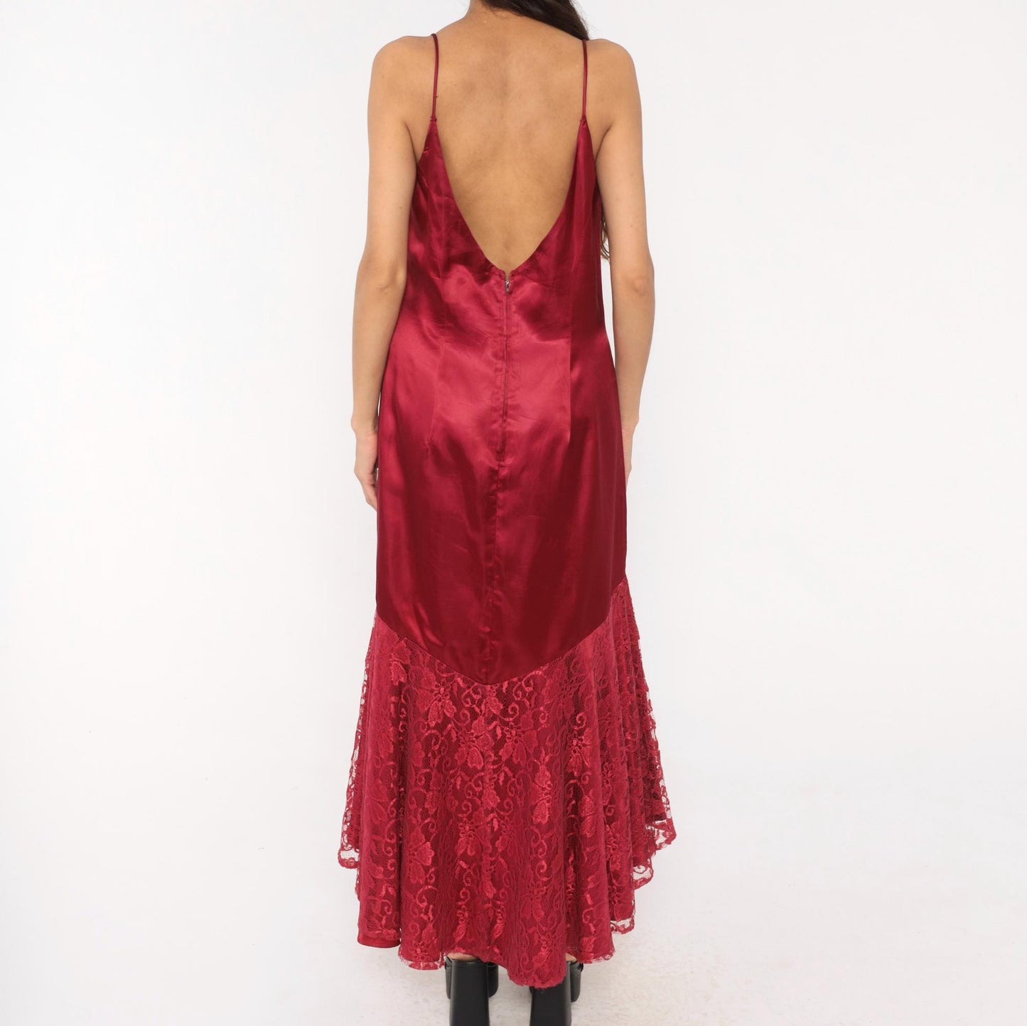 80s Burgundy Satin Slip Dress Mermaid Lace Hem V Neck Low Back Large L