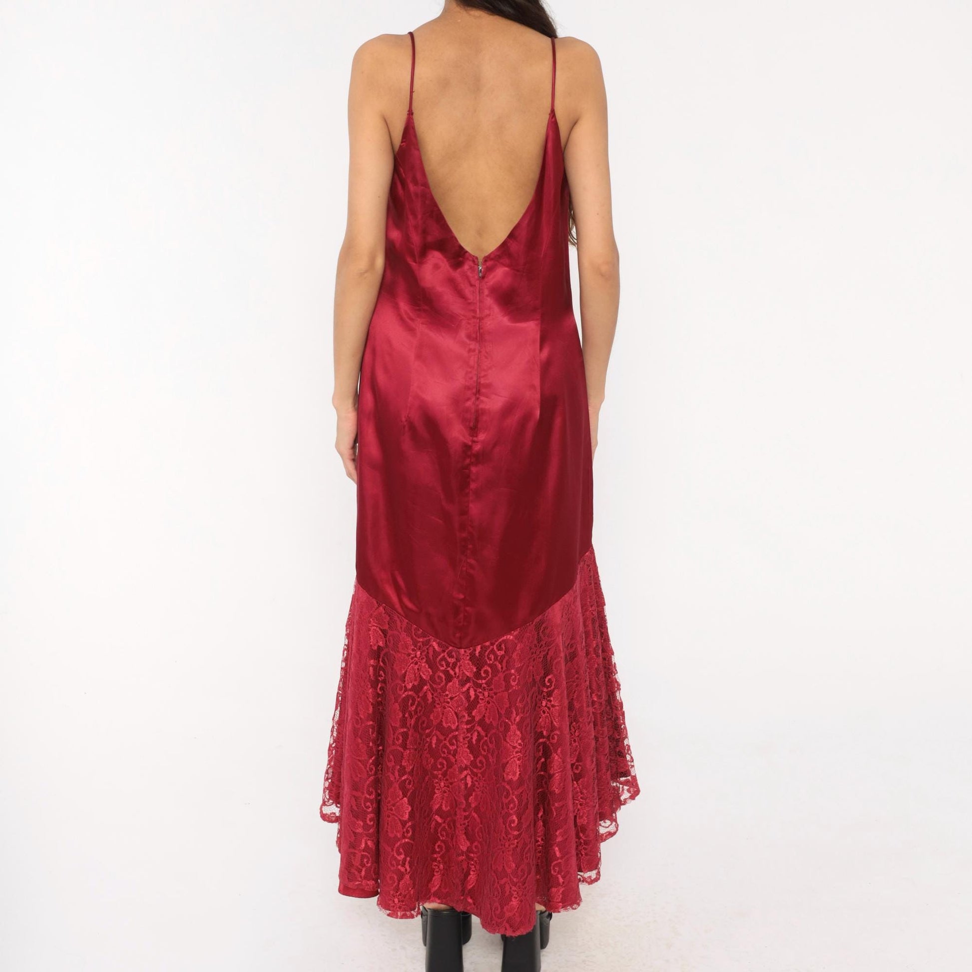 80s Burgundy Satin Slip Dress Mermaid Lace Hem V Neck Low Back Large L