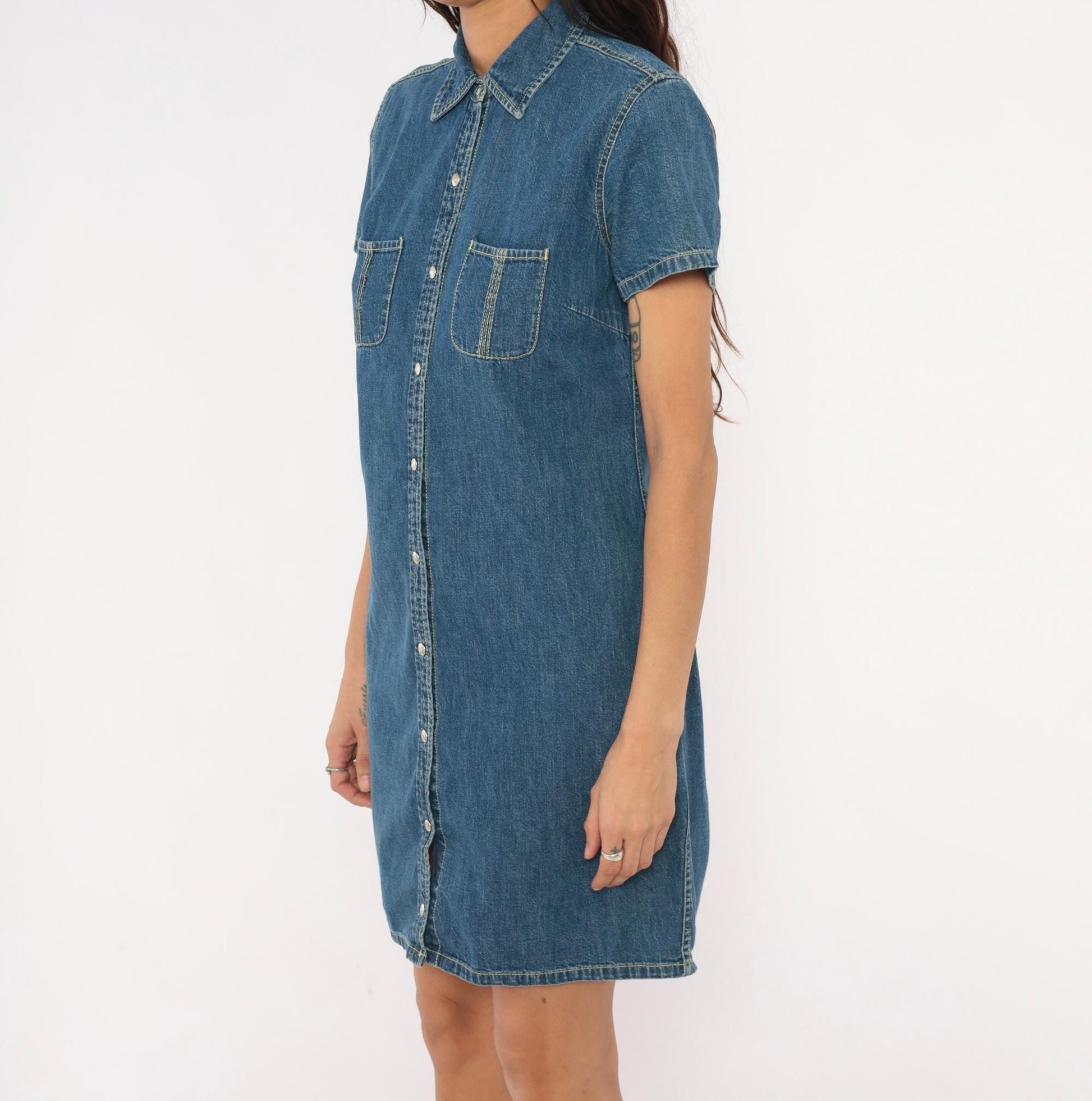 Y2K Tommy Hilfiger Denim Shirt Dress Blue Jean Snap Front Small S