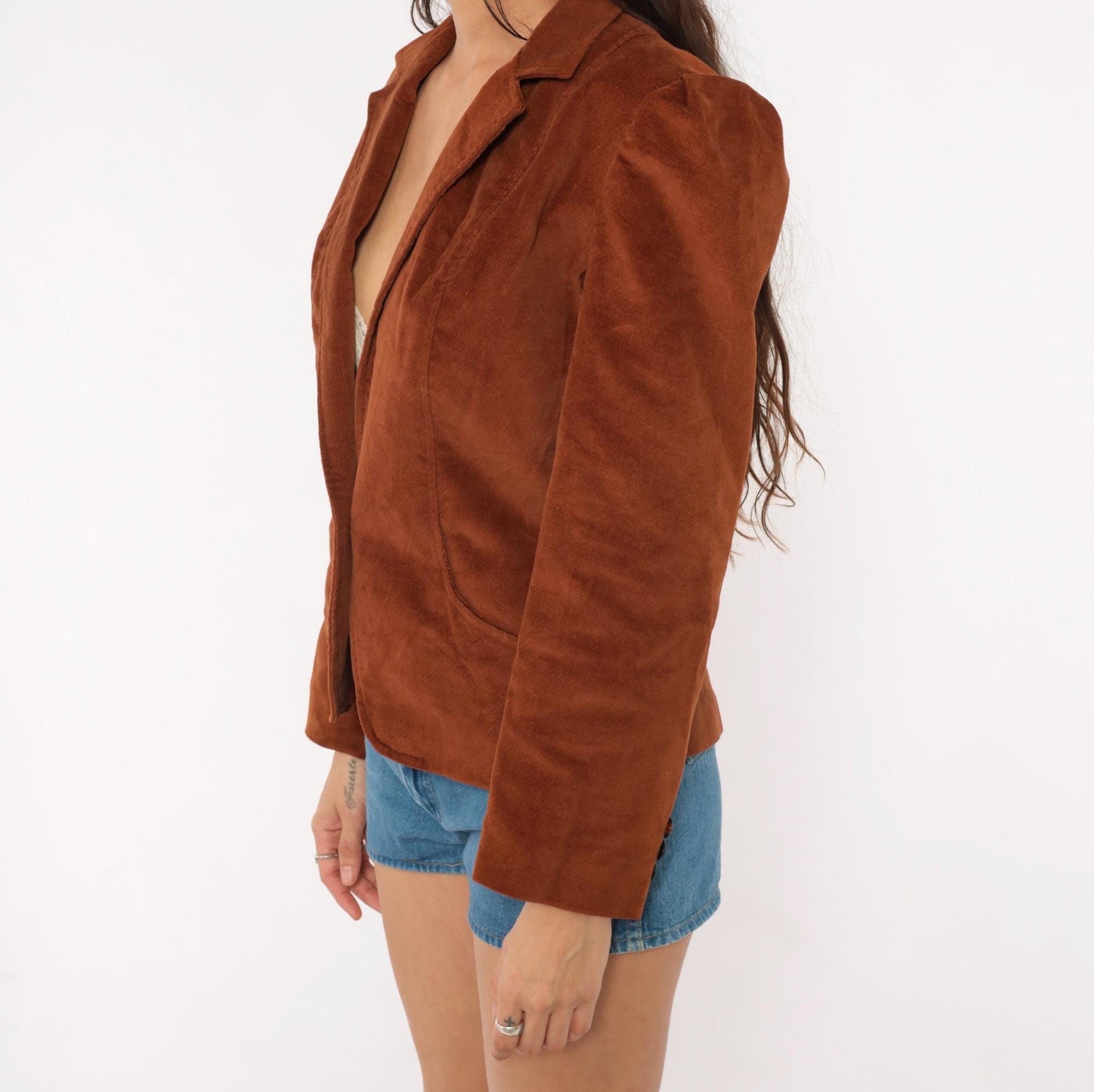 70s Brown Velvet Blazer Single Button Puff Shoulder Fitted Jacket Small