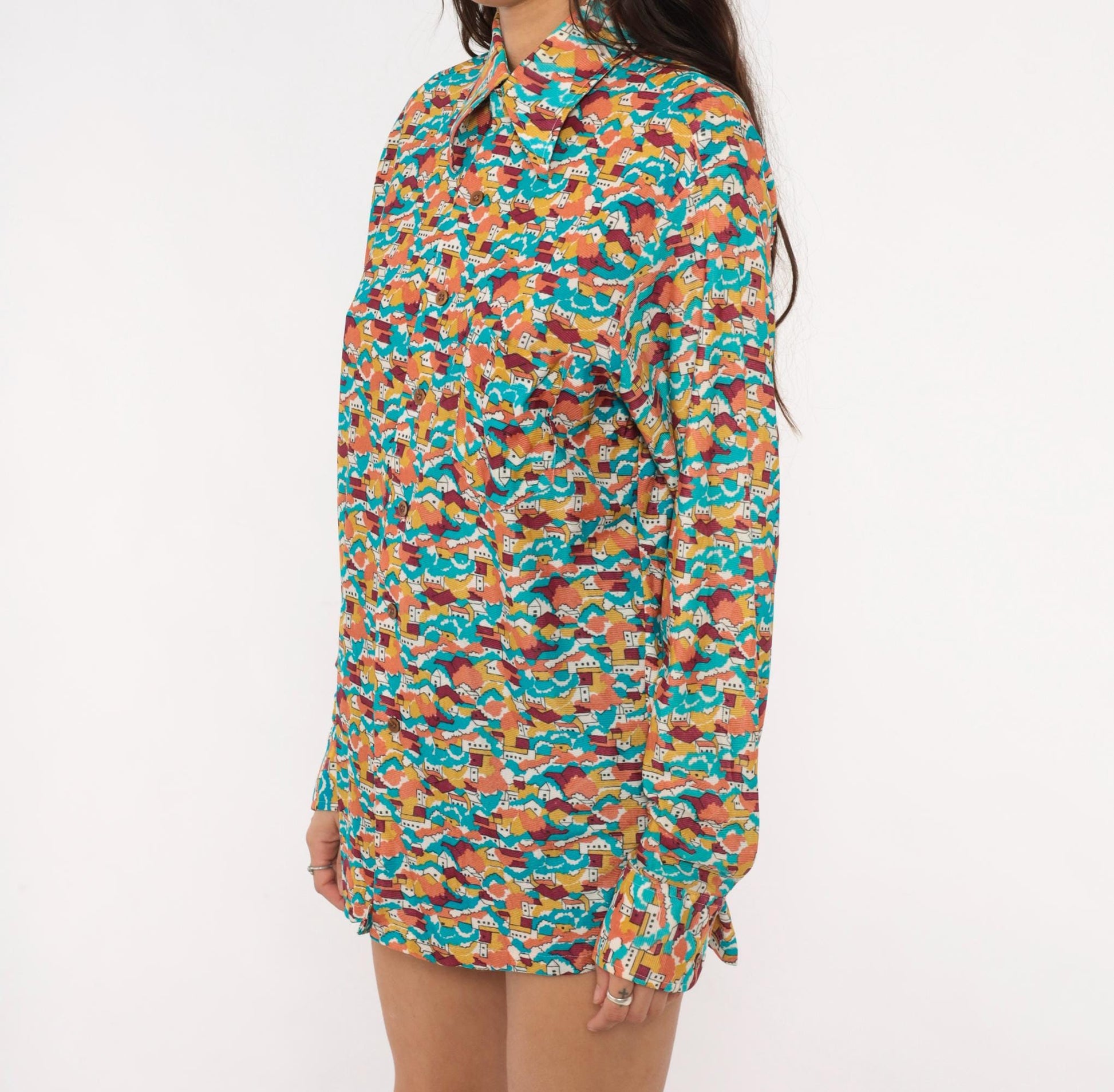 70s Towncraft Village Landscape Shirt Pointed Collar Scenic Print Medium