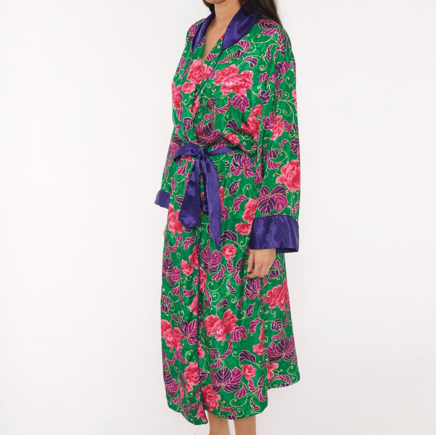 90s Victoria's Secret Green Floral Kimono Robe Satin Trim Medium Large