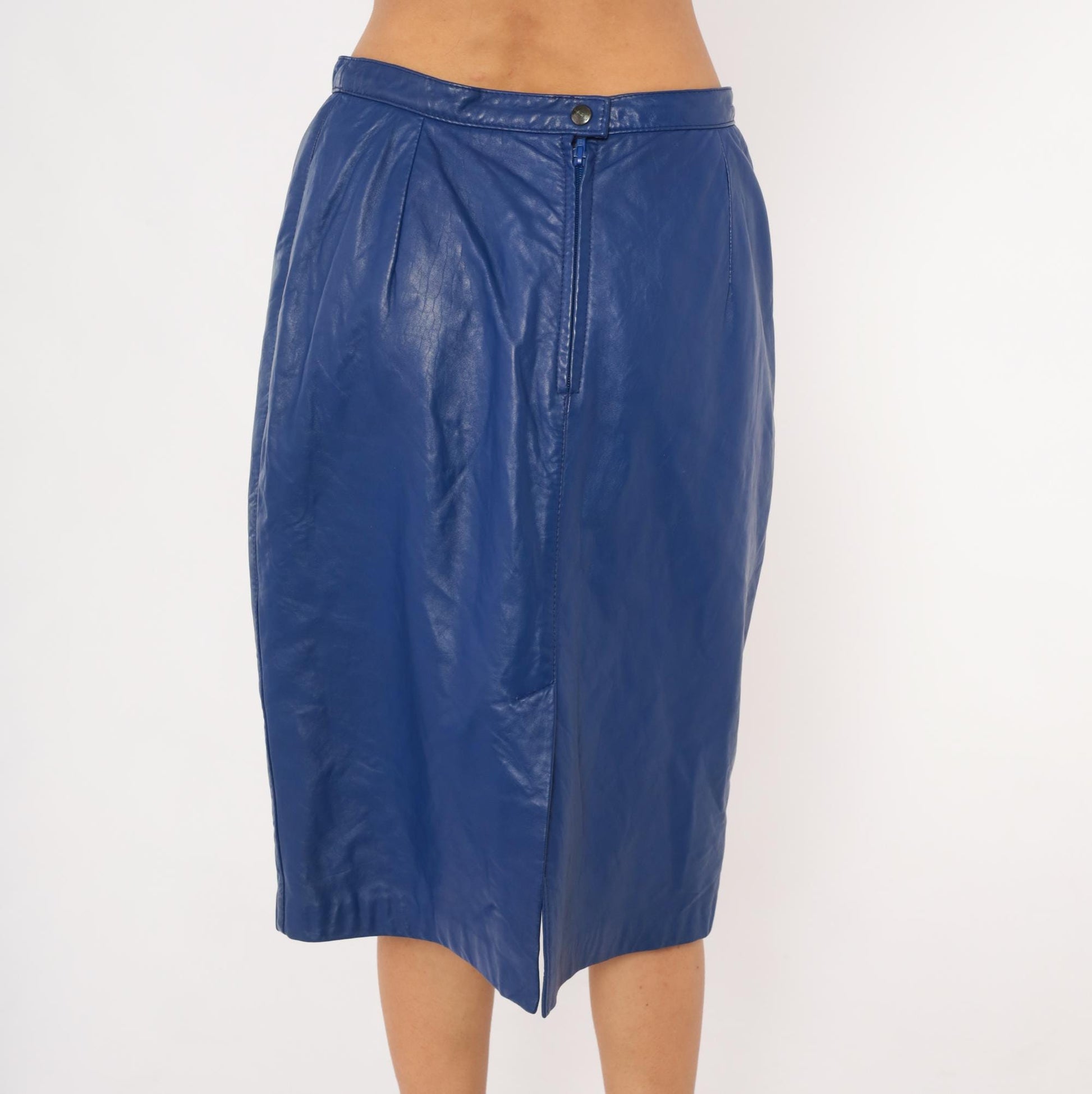 80s Bagatelle Cobalt Faux Leather Pencil Skirt High Waist Midi Side Zip Size 16