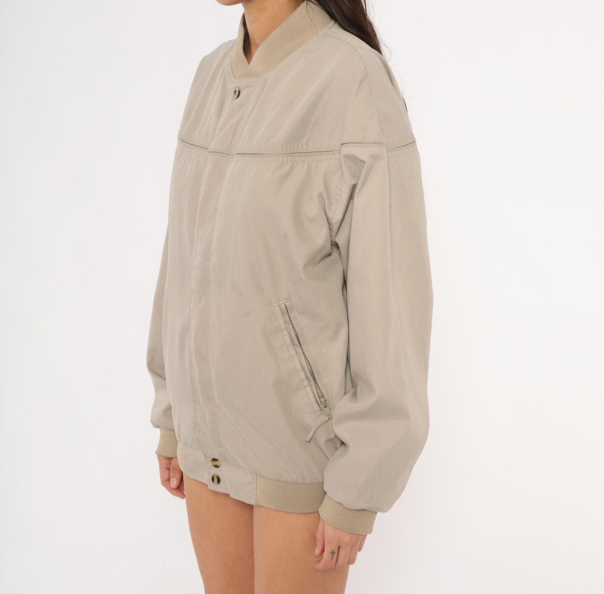 80s Windbreaker Bomber Jacket Tan Ribbed Knit Collar Small