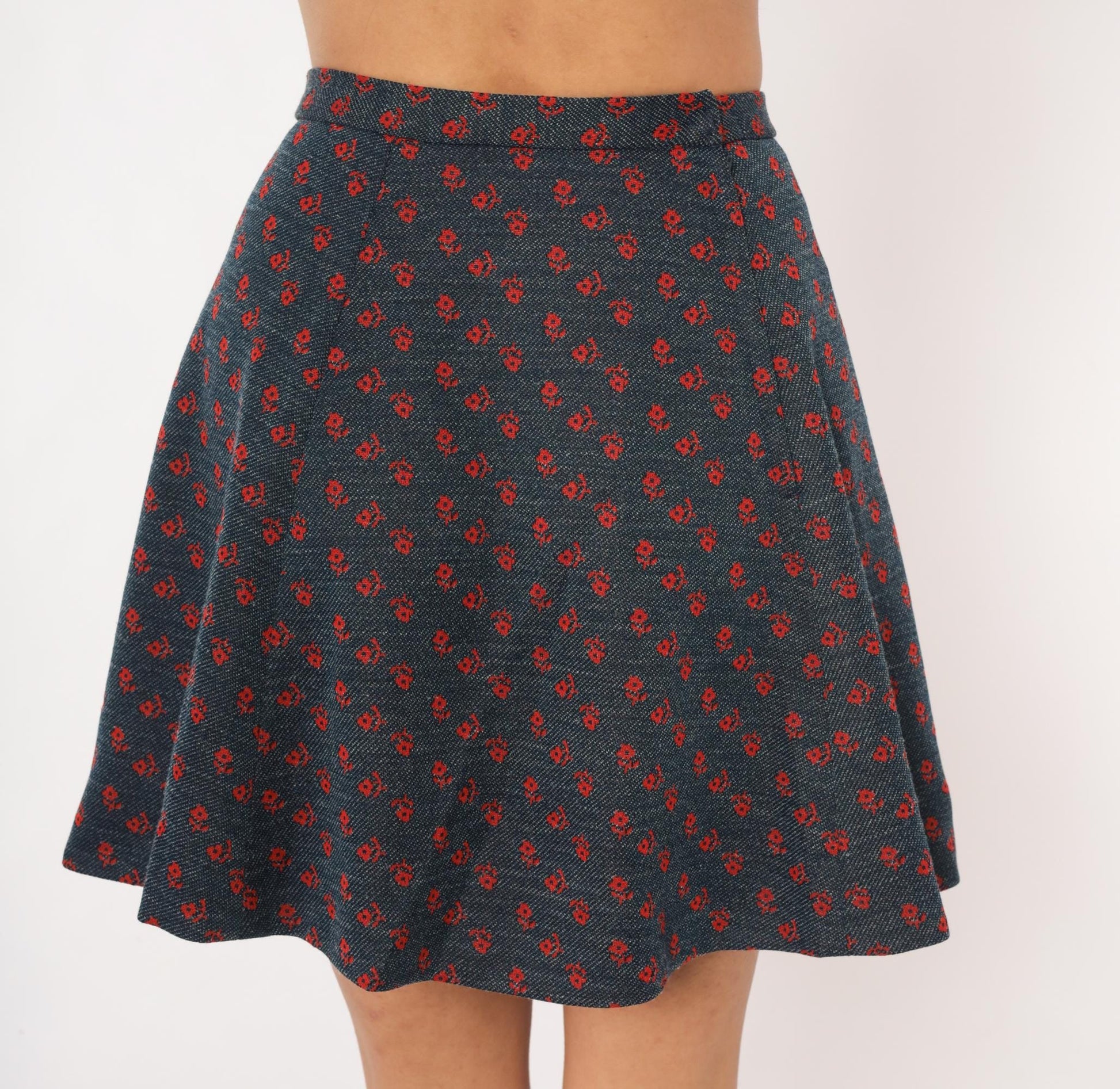 70s Navy Floral Mini Skirt High Waist Circle Flare Red Daisy Print XS