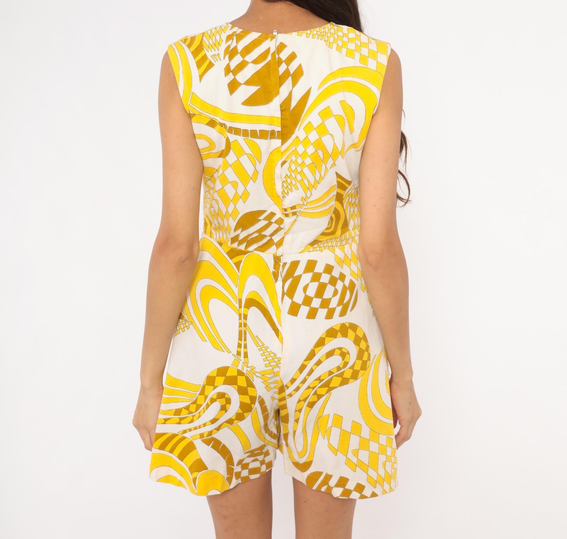 60s Psychedelic Yellow White Romper Sleeveless Cotton Playsuit Small S