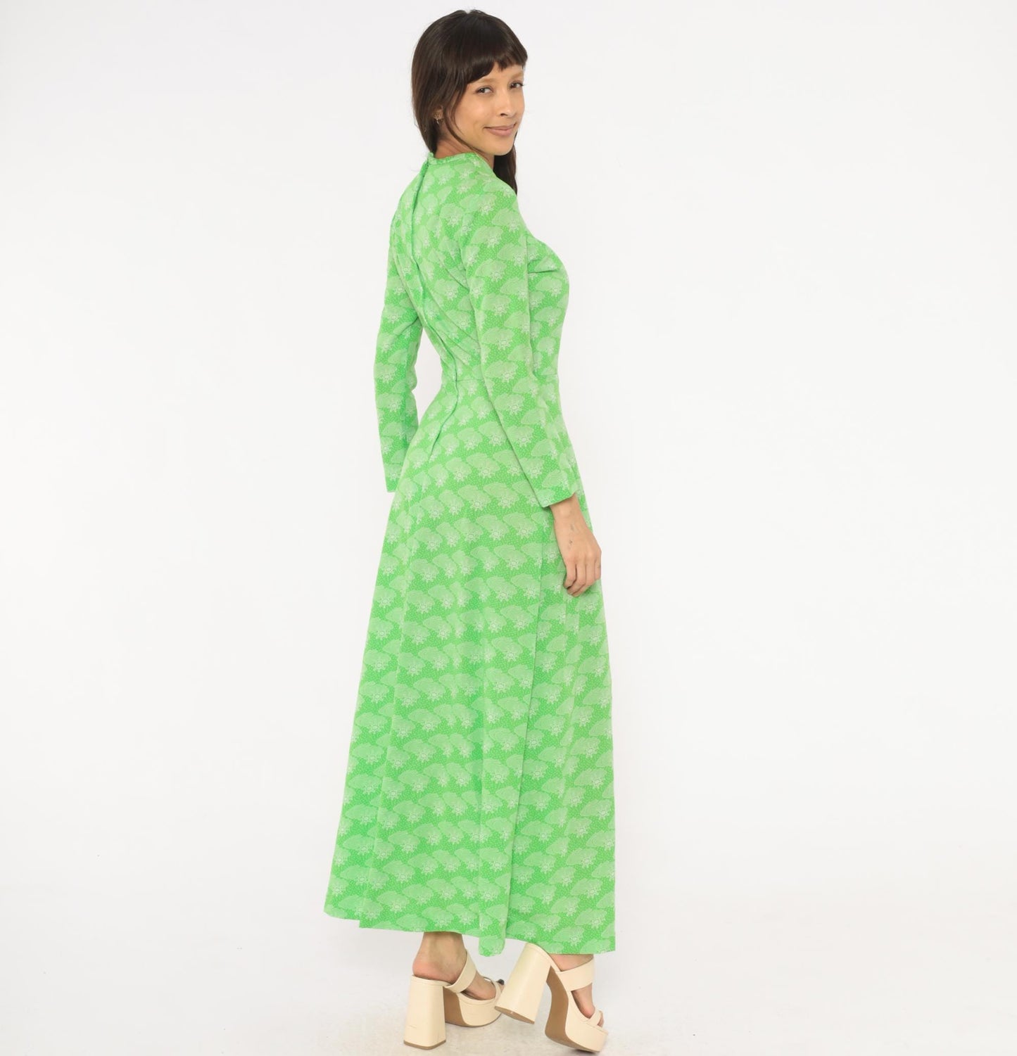 70s Green Maxi Dress Sun Cloud Print Long Sleeve Knit Small