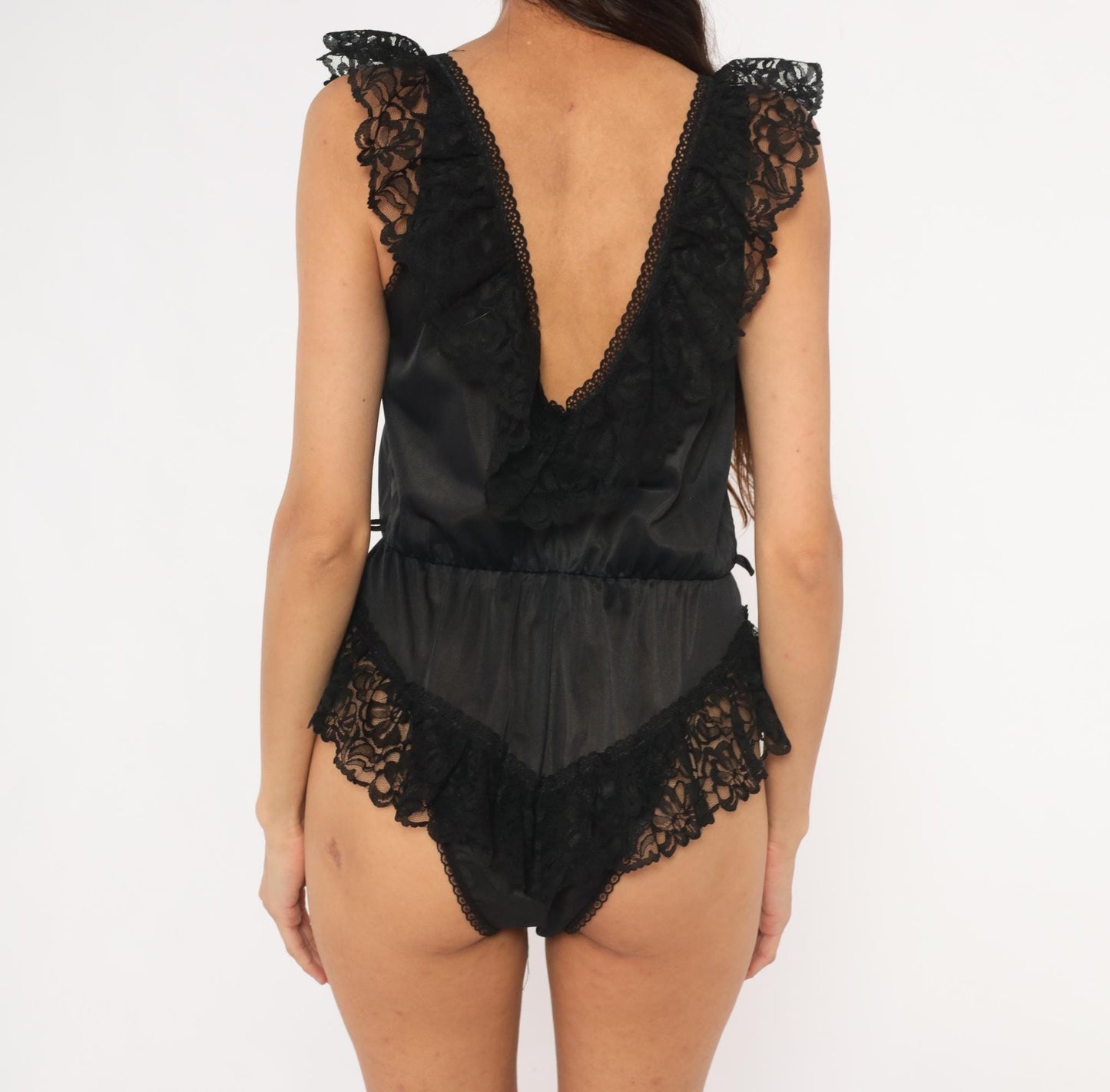 80s Alana Gale Black Satin Lace Teddy Romper Medium M