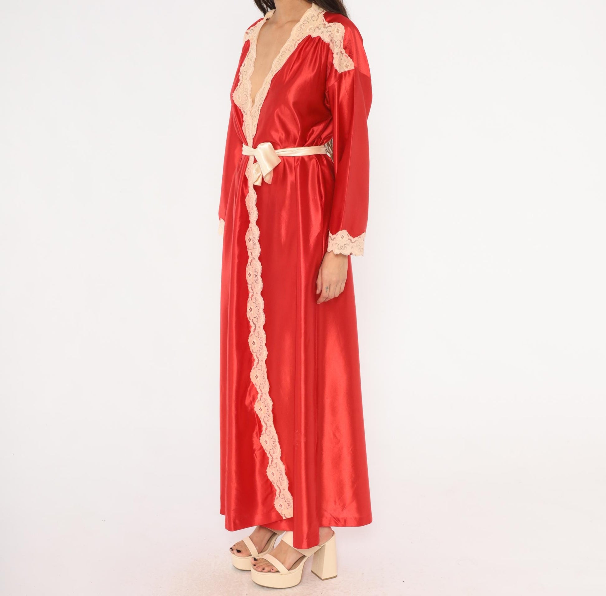 70s Tom Bezduda Barad Red Satin Robe Lace Trim Maxi Tie Front Medium