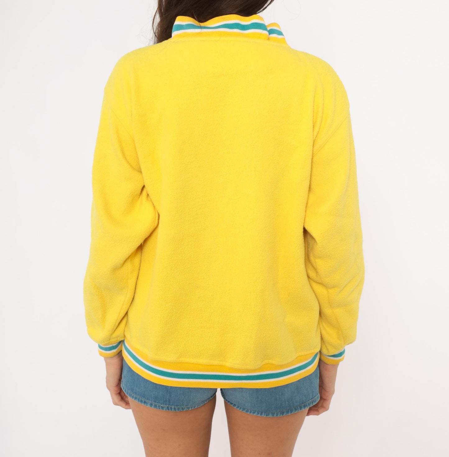 90s Energie Yellow Varsity Cardigan Baseball Patch Teal Striped Small S