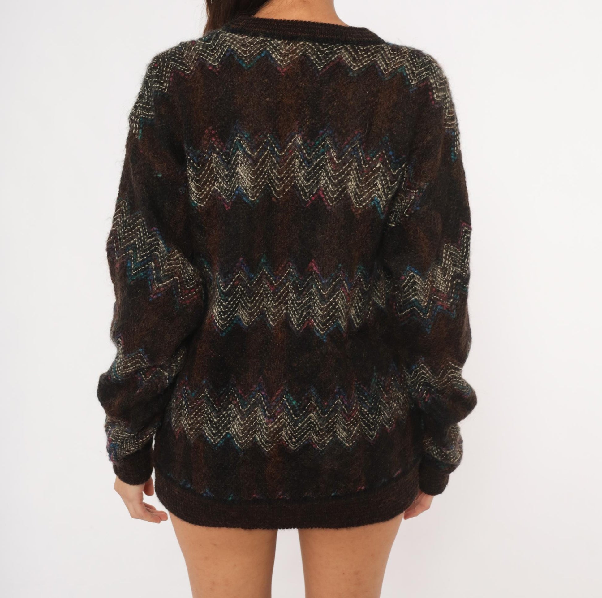 80s Croft & Barrow Chevron Zigzag Wool Pullover Dark Brown Small