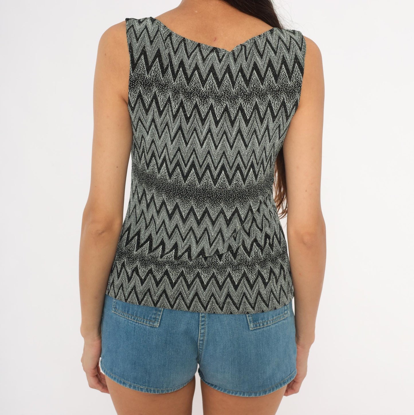 90s Black Grey Chevron Zigzag Metallic Knit Tank Medium M