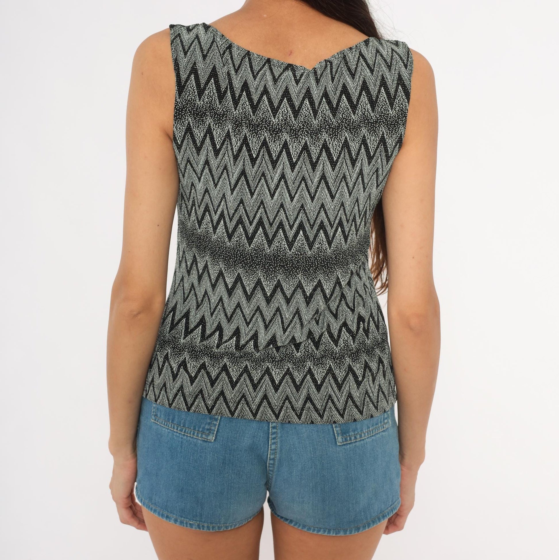 90s Black Grey Chevron Zigzag Metallic Knit Tank Medium M