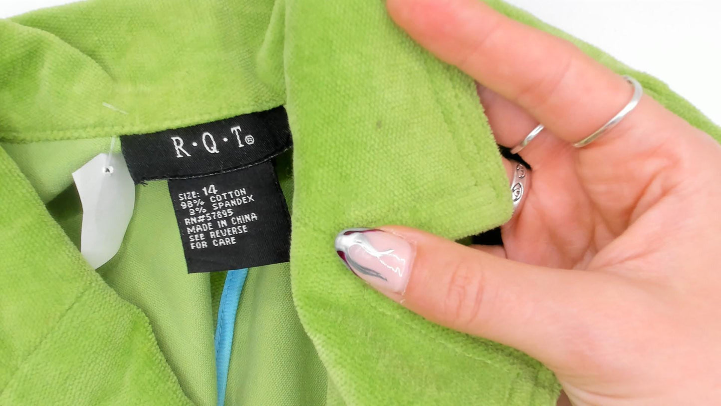 2000s RQT Lime Green Velvet Blazer Cotton Fitted Two-Button Jacket Large L