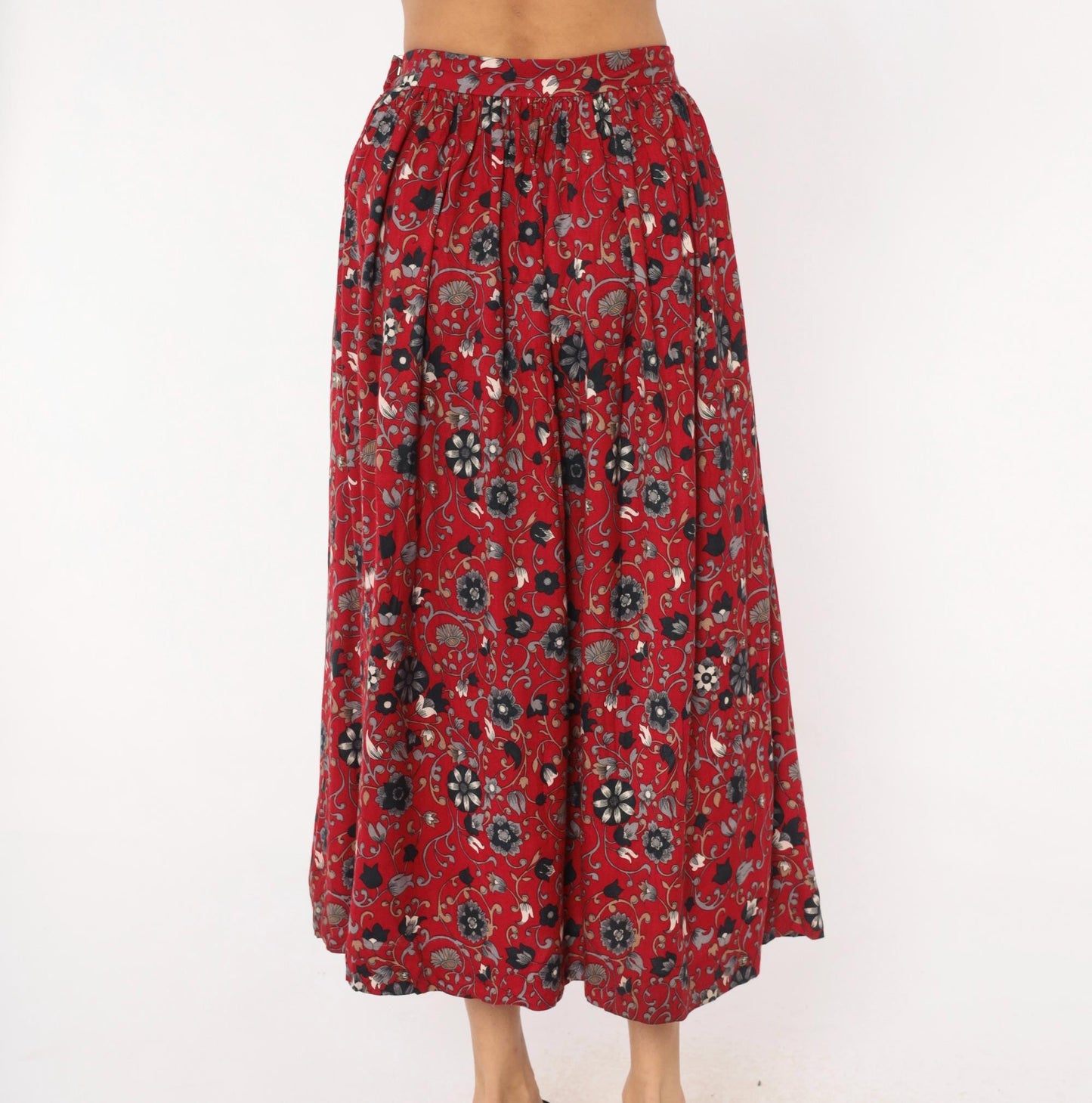 80s David Brooks Floral Midi Skirt Crimson Botanical Gathered Waist Small