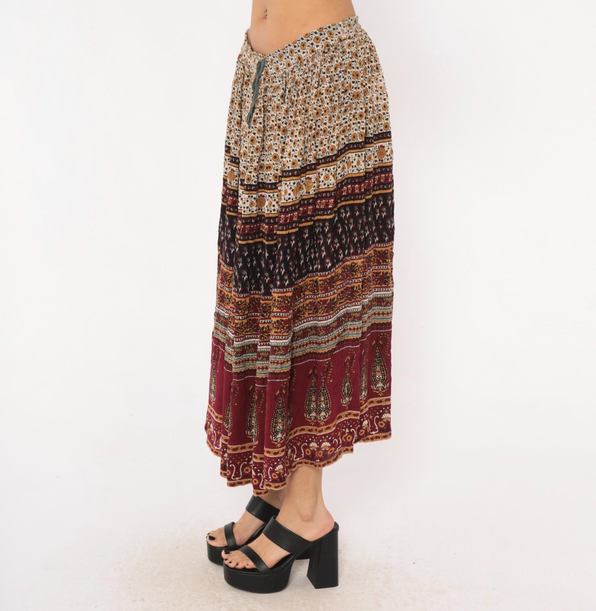 90s Sag Harbor Indian Block Print Maxi Skirt Burgundy Paisley Drawstring Large L