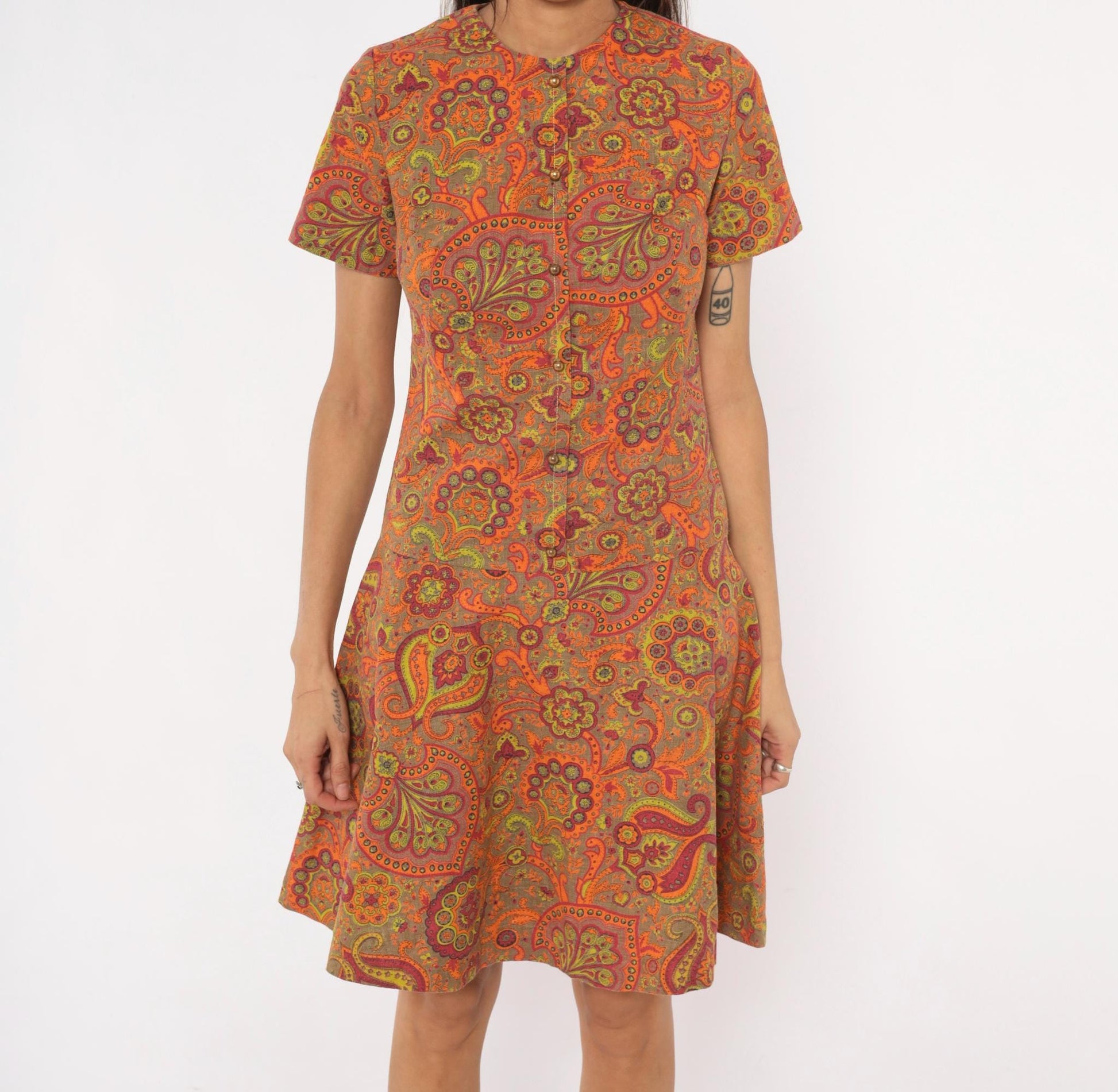 60s Junior West California Paisley Shift Dress Orange Cotton Small