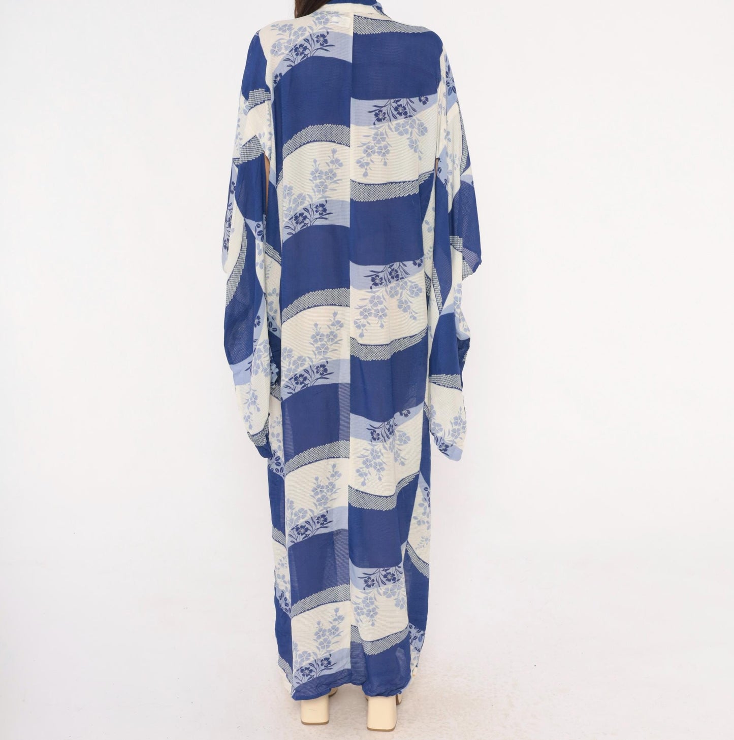 70s Japanese Kimono Robe Cobalt Blue Floral Maxi Open Front Small to Large
