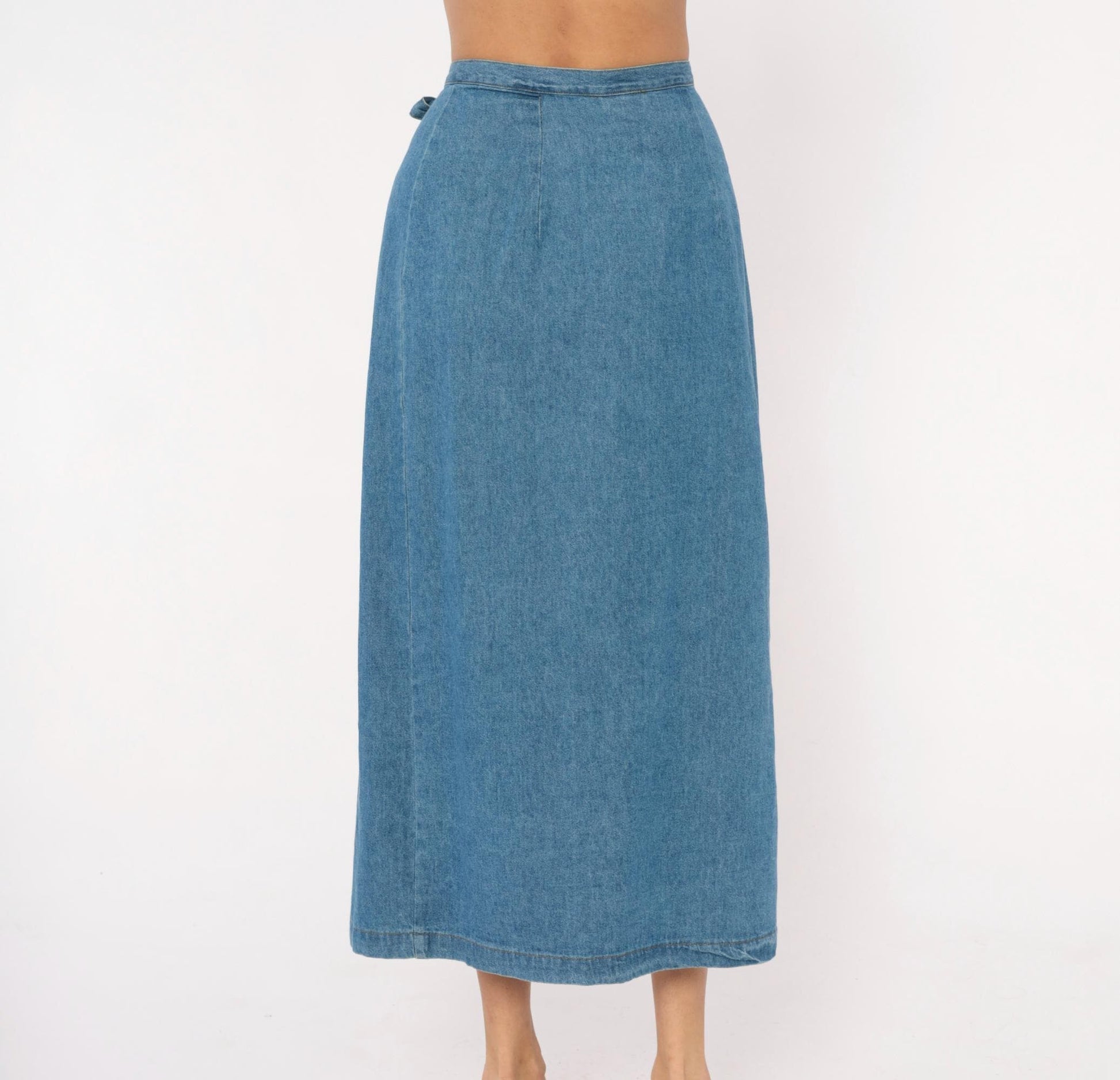 90s Founded 1989 Denim Wrap Skirt Midi Blue Chambray Cotton Extra Small