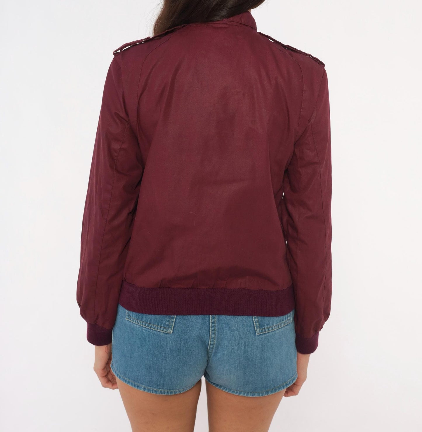 80s Coqui Sport Burgundy Bomber Jacket Ribbed Knit Epaulette Extra Small XS