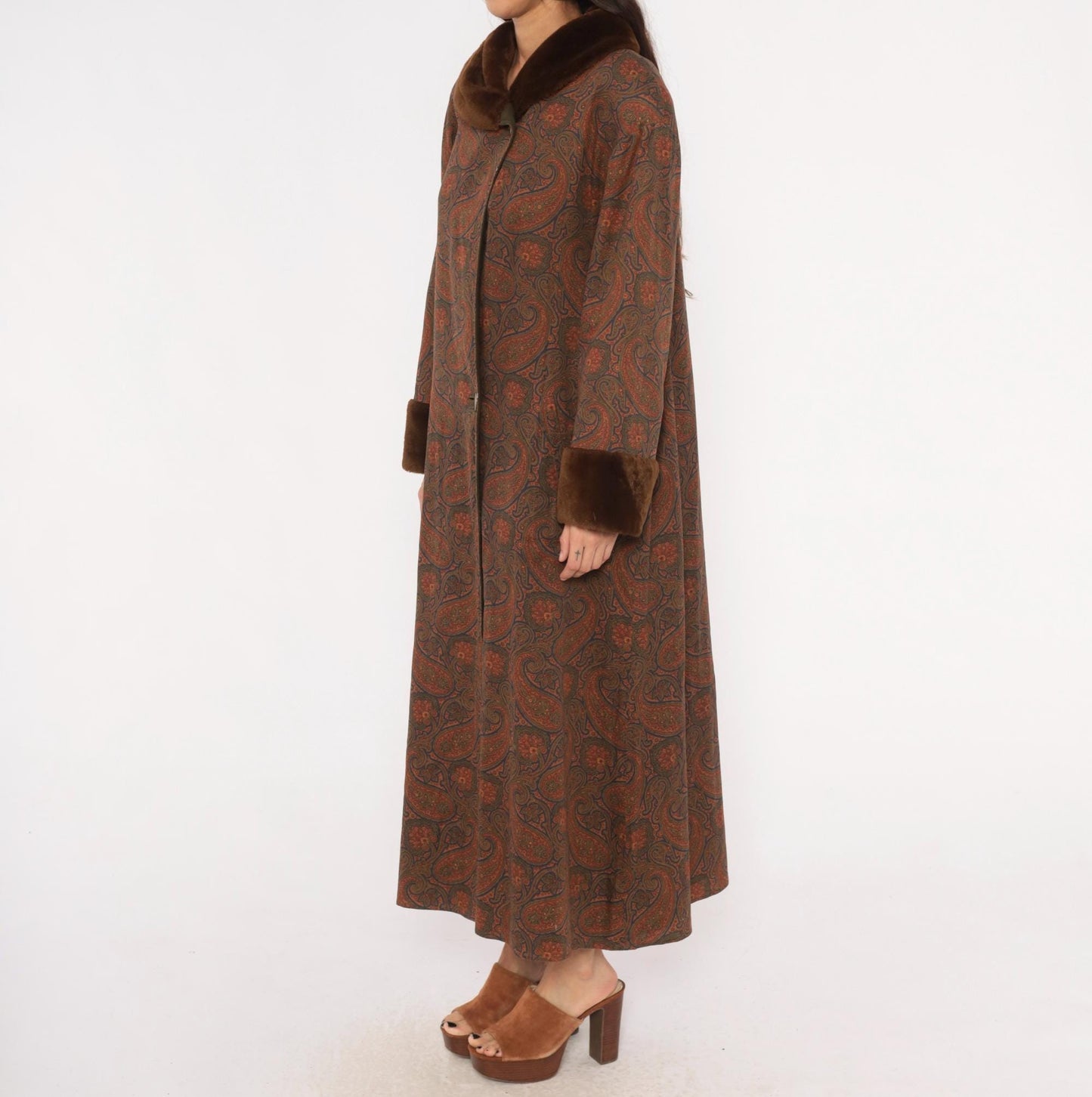 1970s Bill Blass Paisley Wool Maxi Coat Fur Collar Brown Olive Medium M