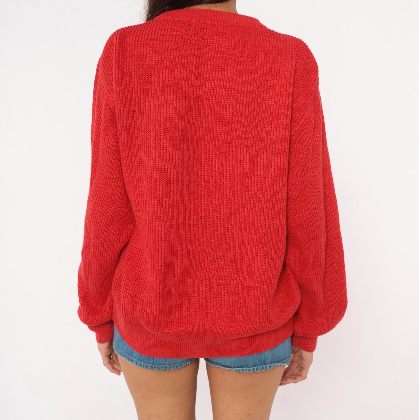 90s Shartex Red Cardigan V-Neck Button Front Knit Embroidered Crest Large L