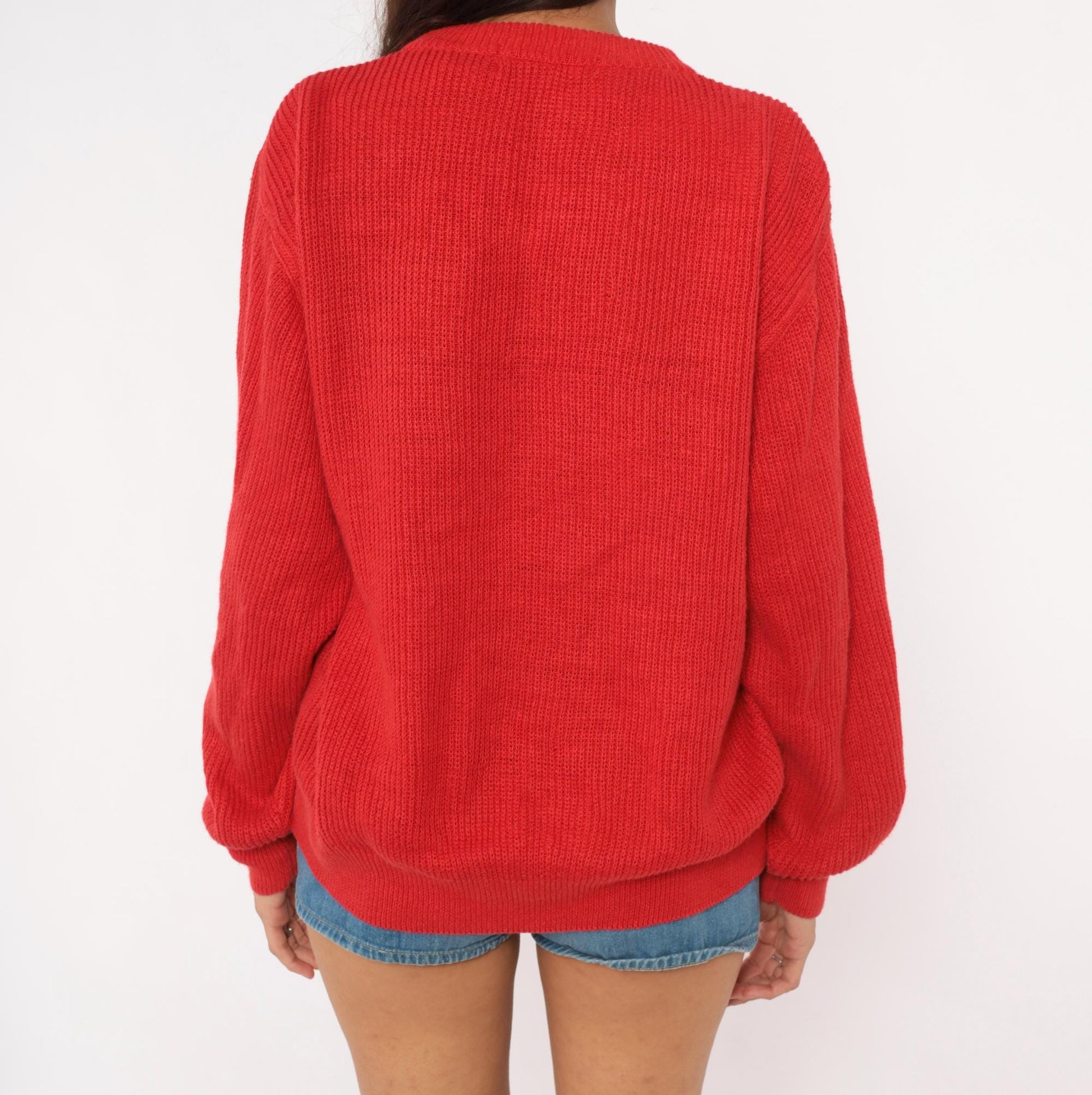 90s Shartex Red Cardigan V-Neck Button Front Knit Embroidered Crest Large L