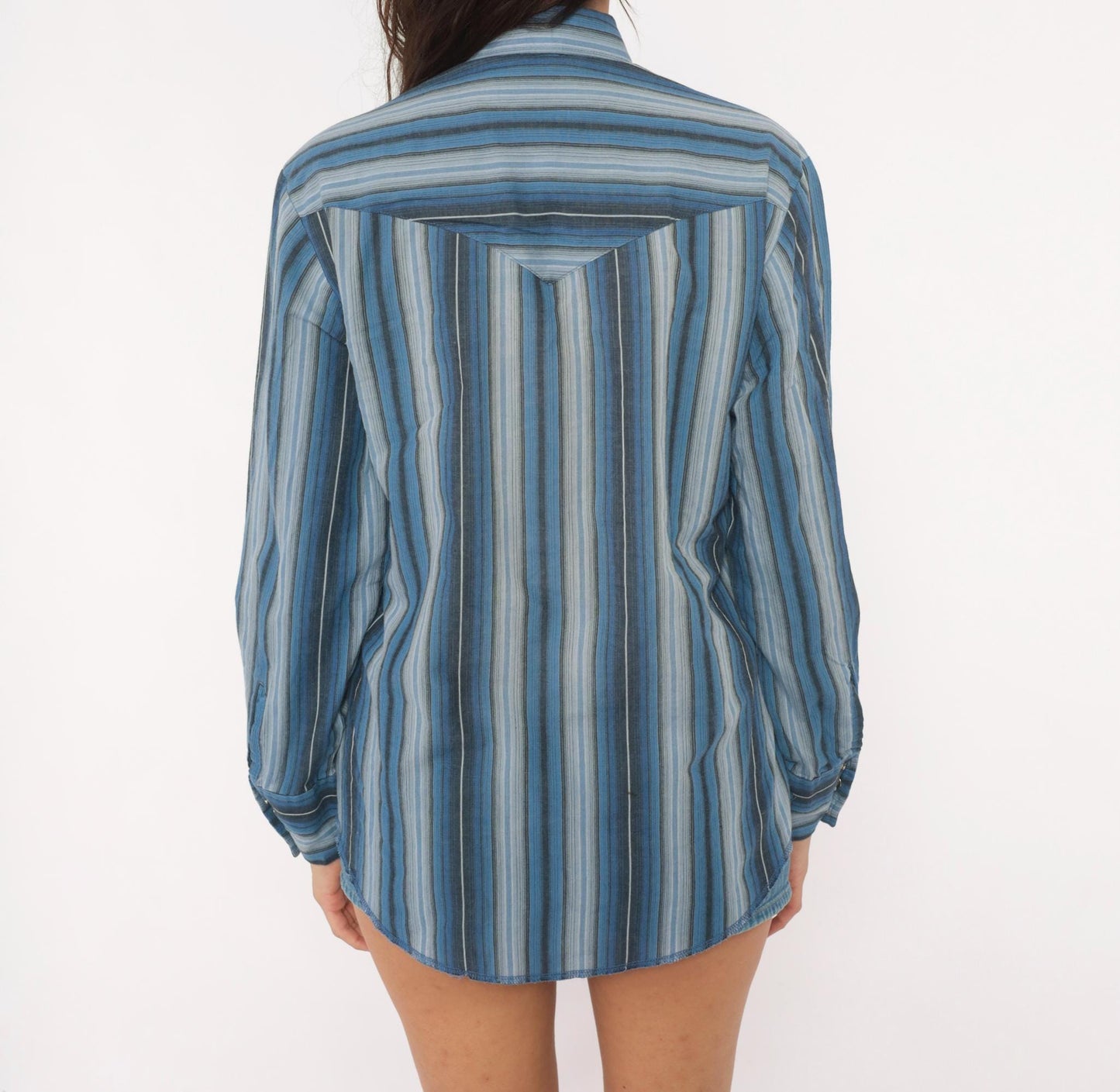 90s Wrangler Western Shirt Blue Striped Pearl Snap Pointed Collar Small S