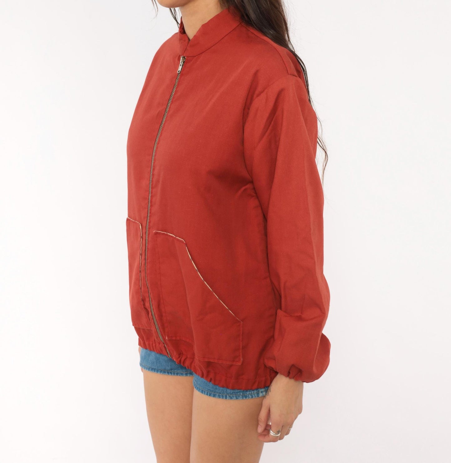 70s Rust Bomber Jacket Cotton Plaid Lined Stand Collar Zip Front Medium