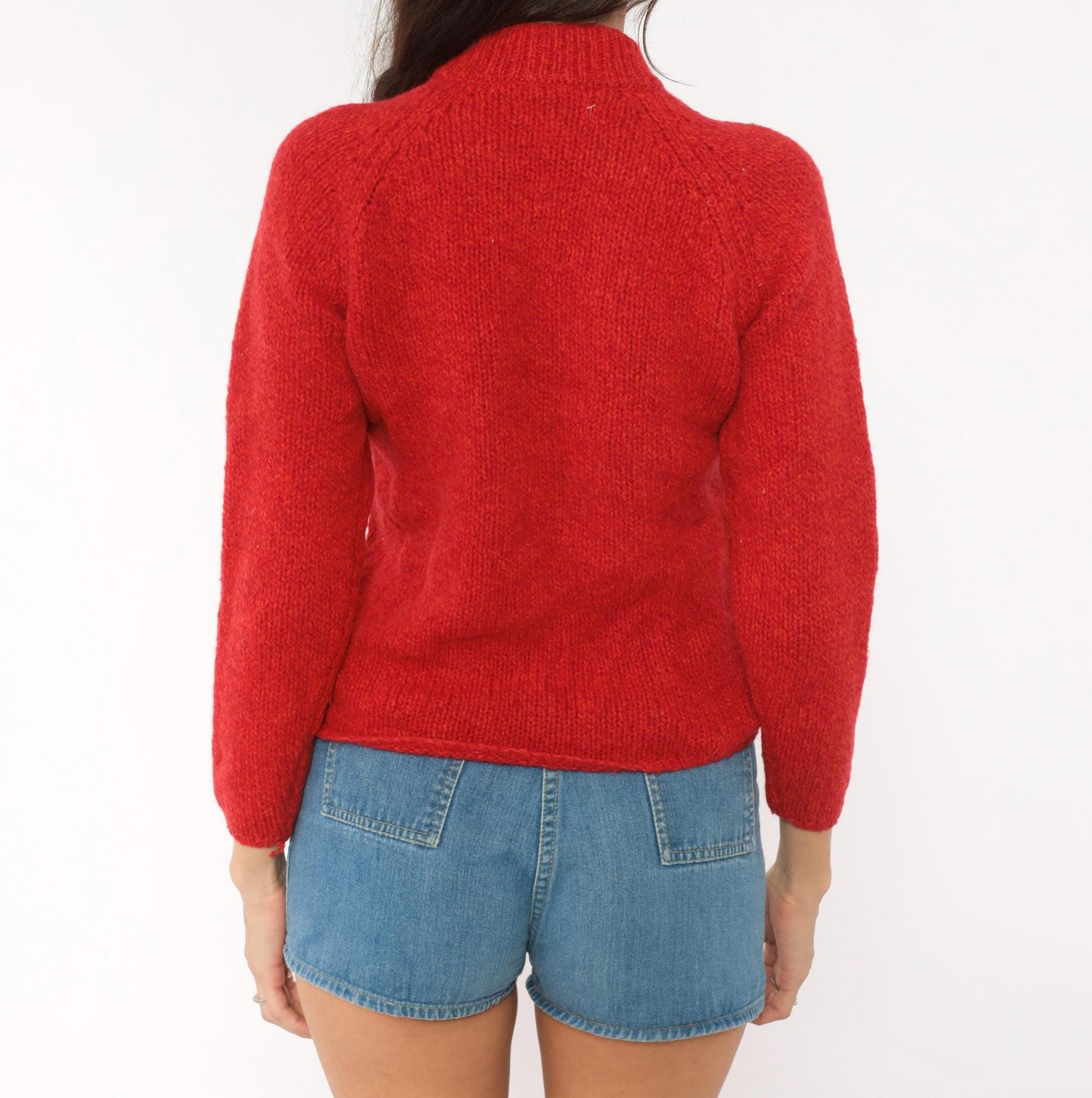 70s Bernhard Altmann Red Shetland Wool Cardigan Mock Neck Extra Small XS