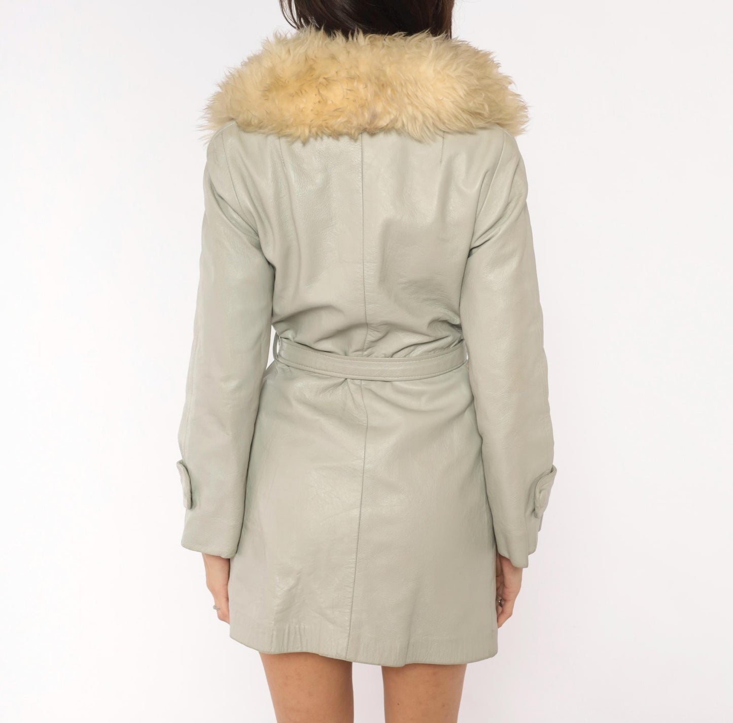 70s Grey Leather Coat Cream Fur Collar Belted Mini Jacket Small S