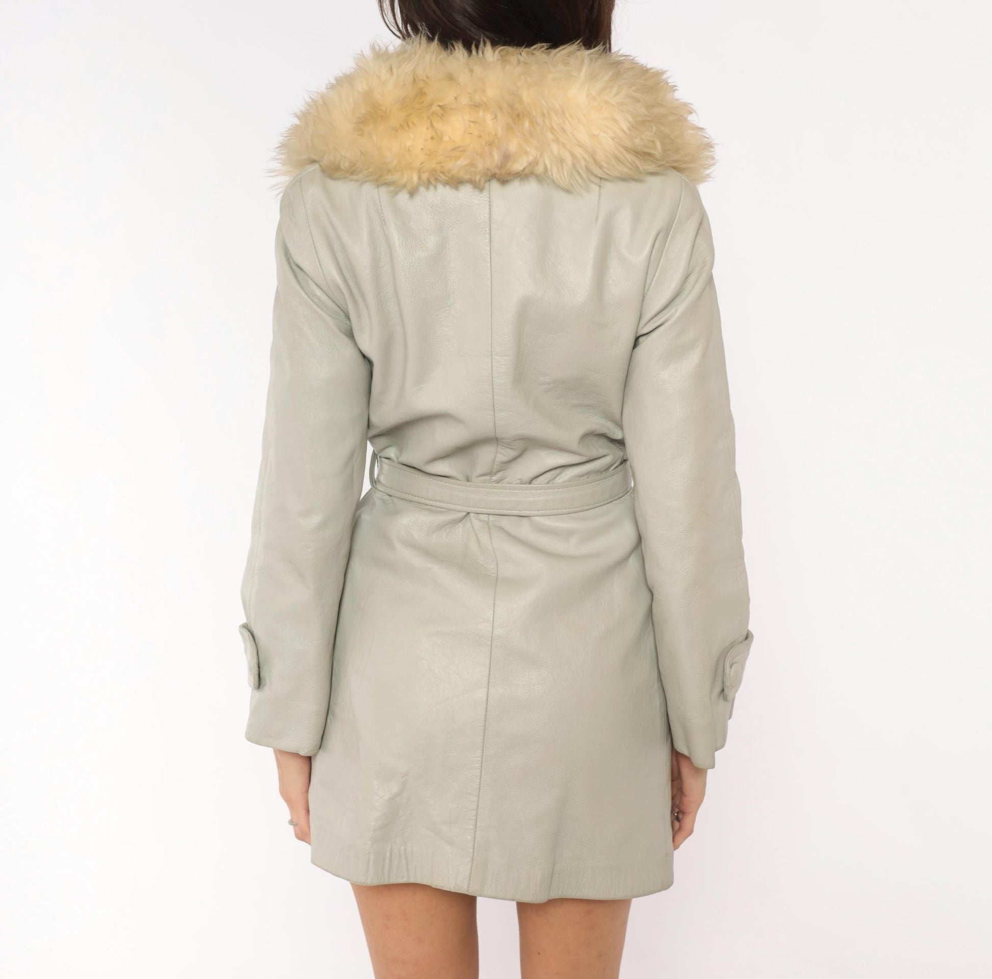 70s Grey Leather Coat Cream Fur Collar Belted Mini Jacket Small S