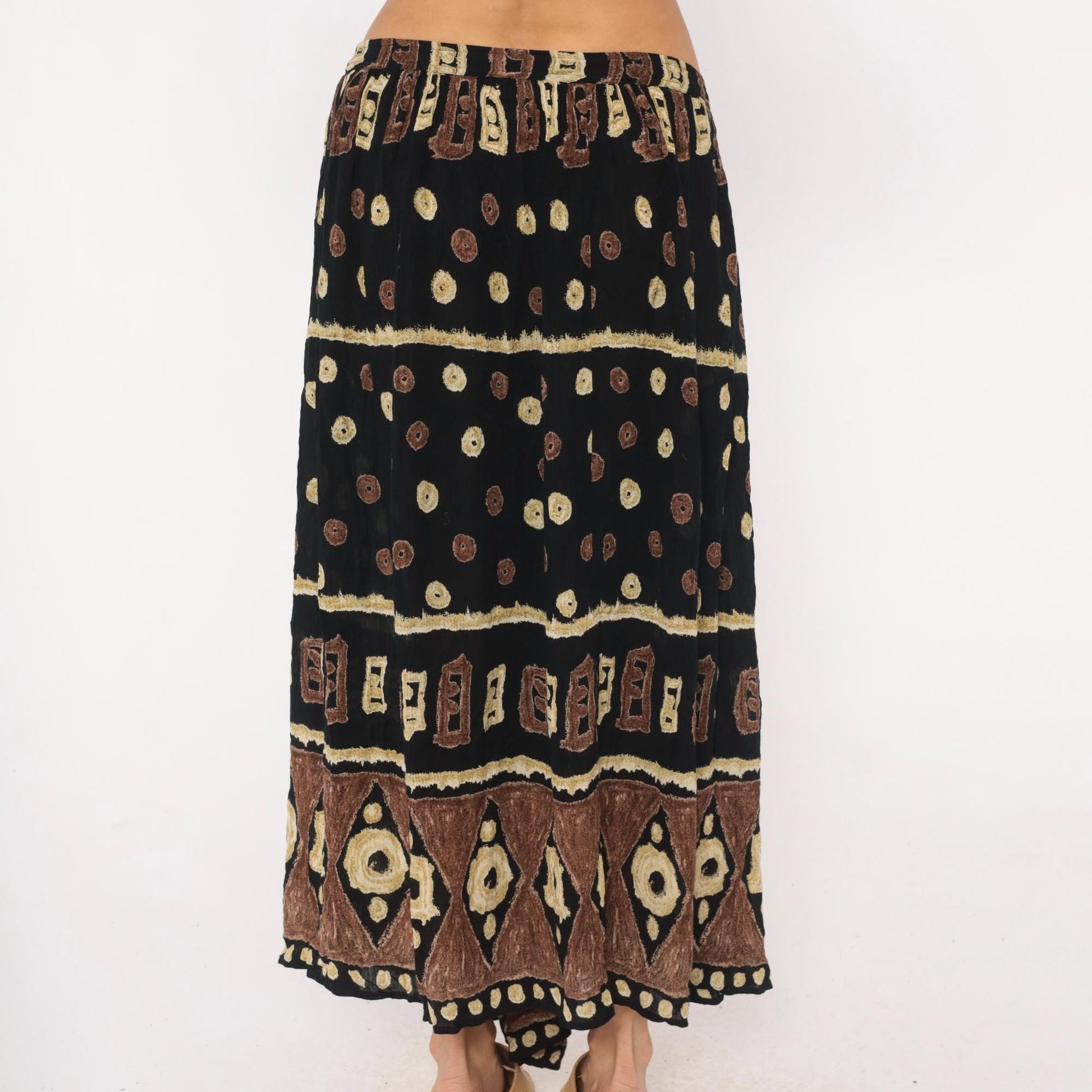 90s Bila Maxi Skirt Black Brown Batik Tribal Geometric Print Extra Large