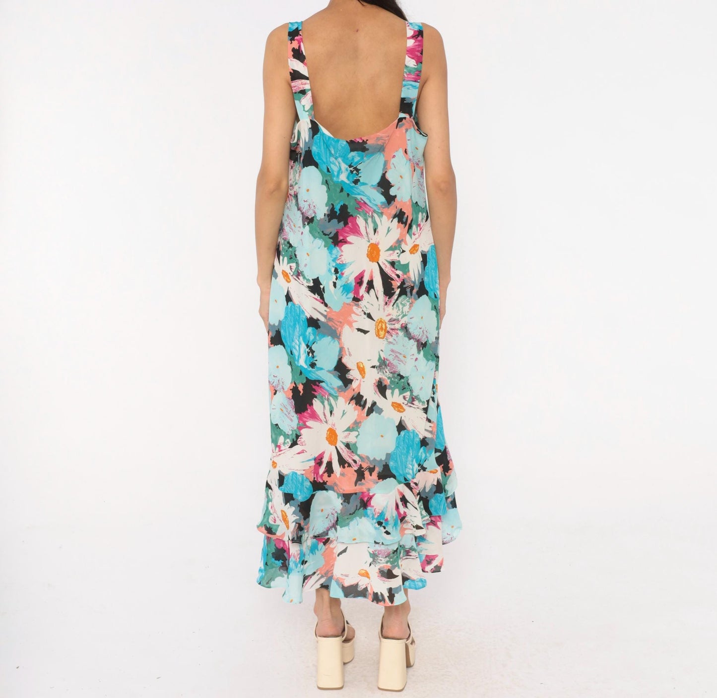 2000s Dress U Floral Maxi Sundress Aqua Pink Daisy V-Neck Plus Size XXL