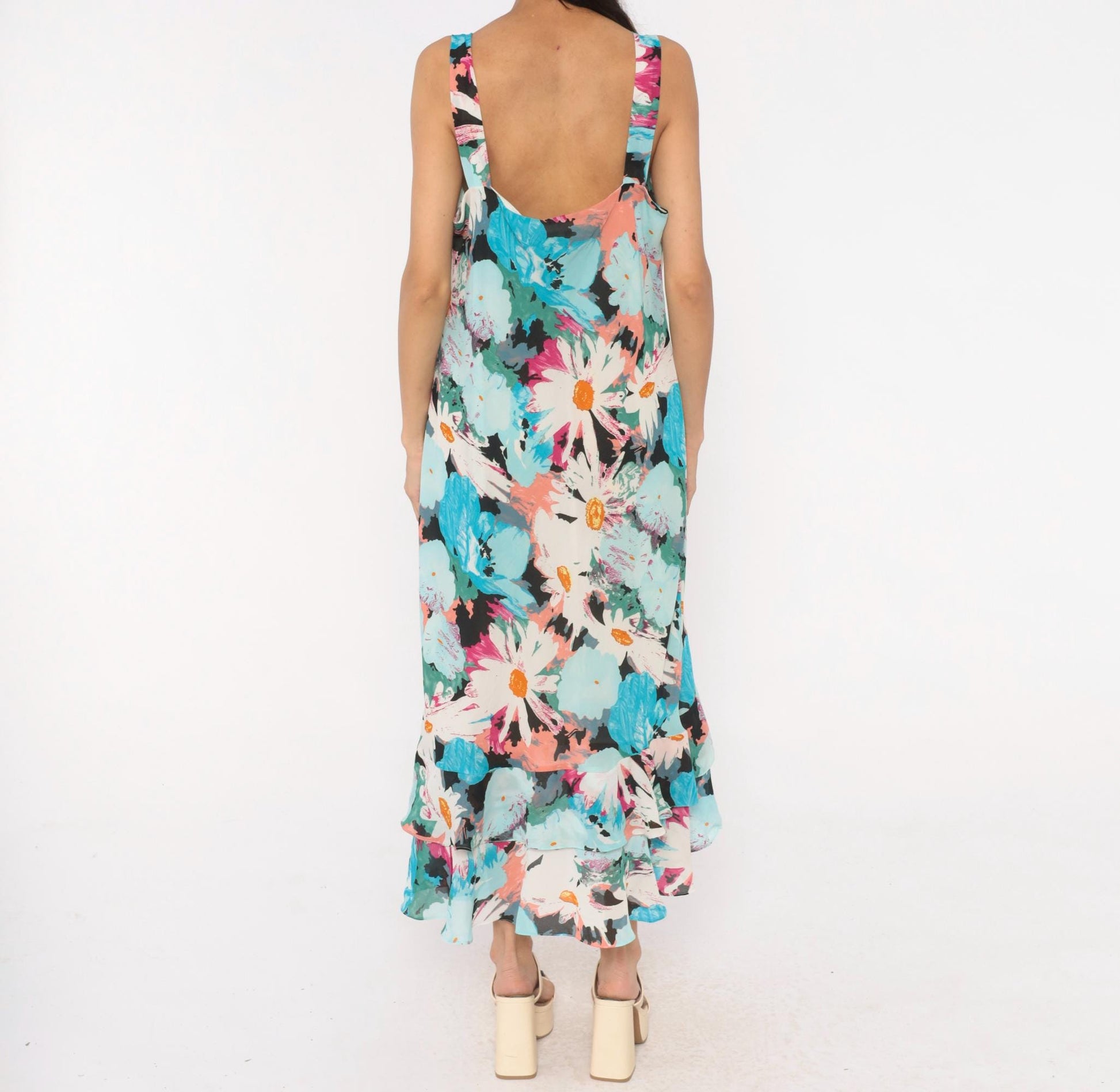 2000s Dress U Floral Maxi Sundress Aqua Pink Daisy V-Neck Plus Size XXL