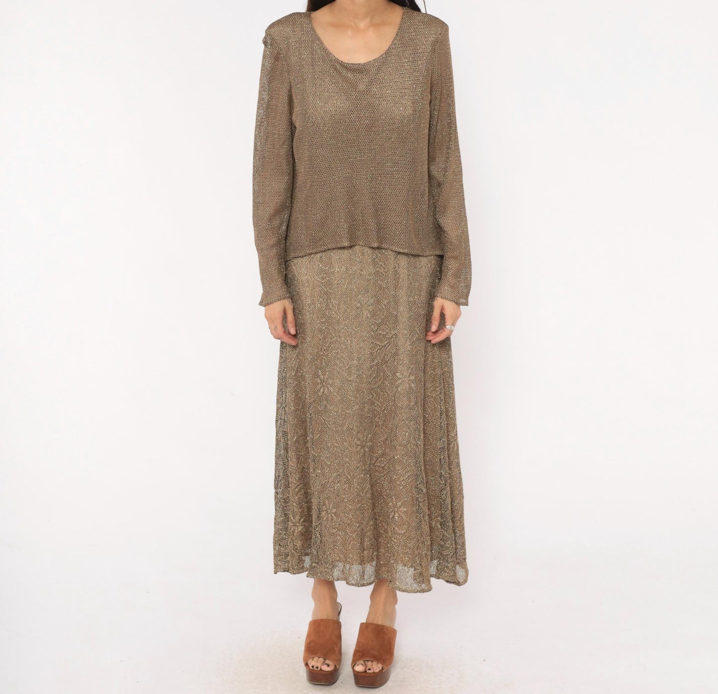 90s Onyx Nite Bronze Metallic Floral Lace Maxi Dress Long Sleeve Large L