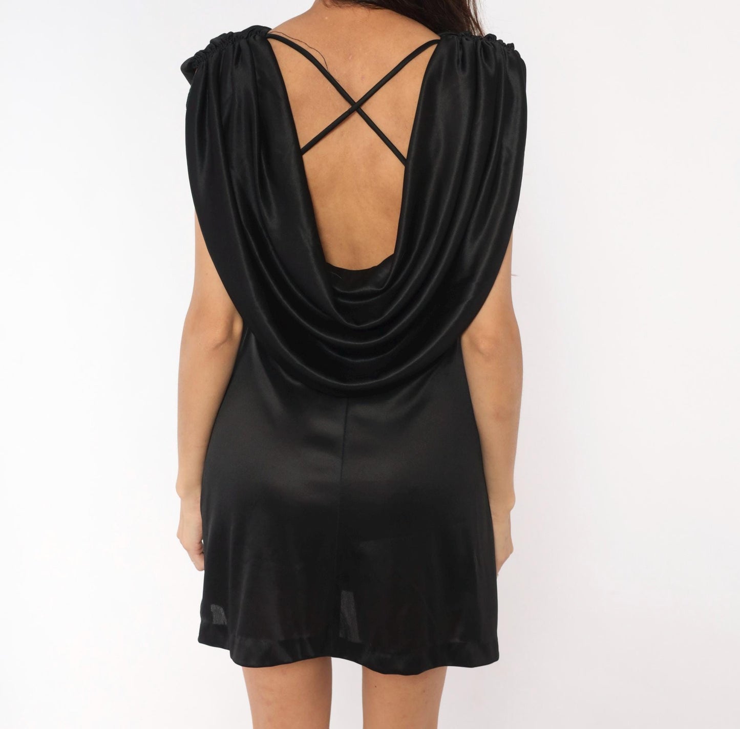 70s Diamond's Run Black Cowl Neck Mini Dress Open Back Small