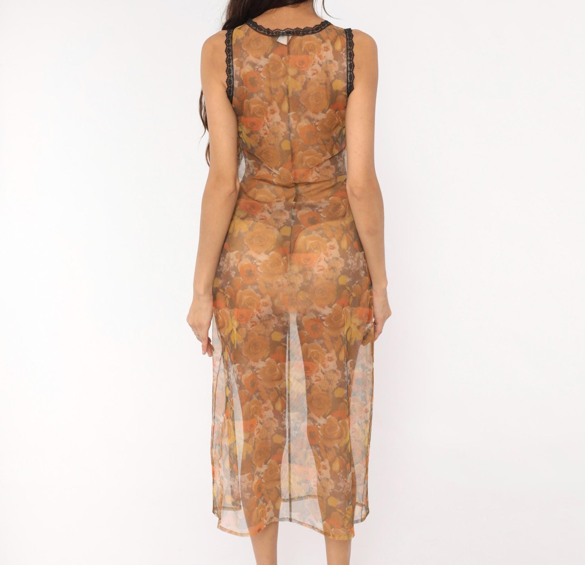 90s Floral Mesh Midi Dress Sheer Rose Print Orange Tan Brown Extra Small XS