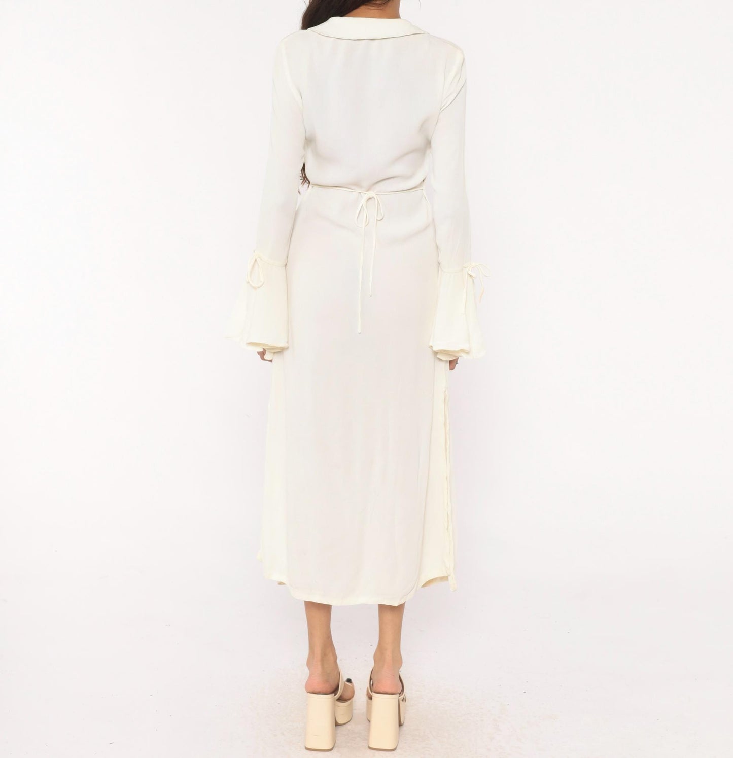 90s Joukar Cream Midi Dress Bell Sleeve V Neck Button Front Medium