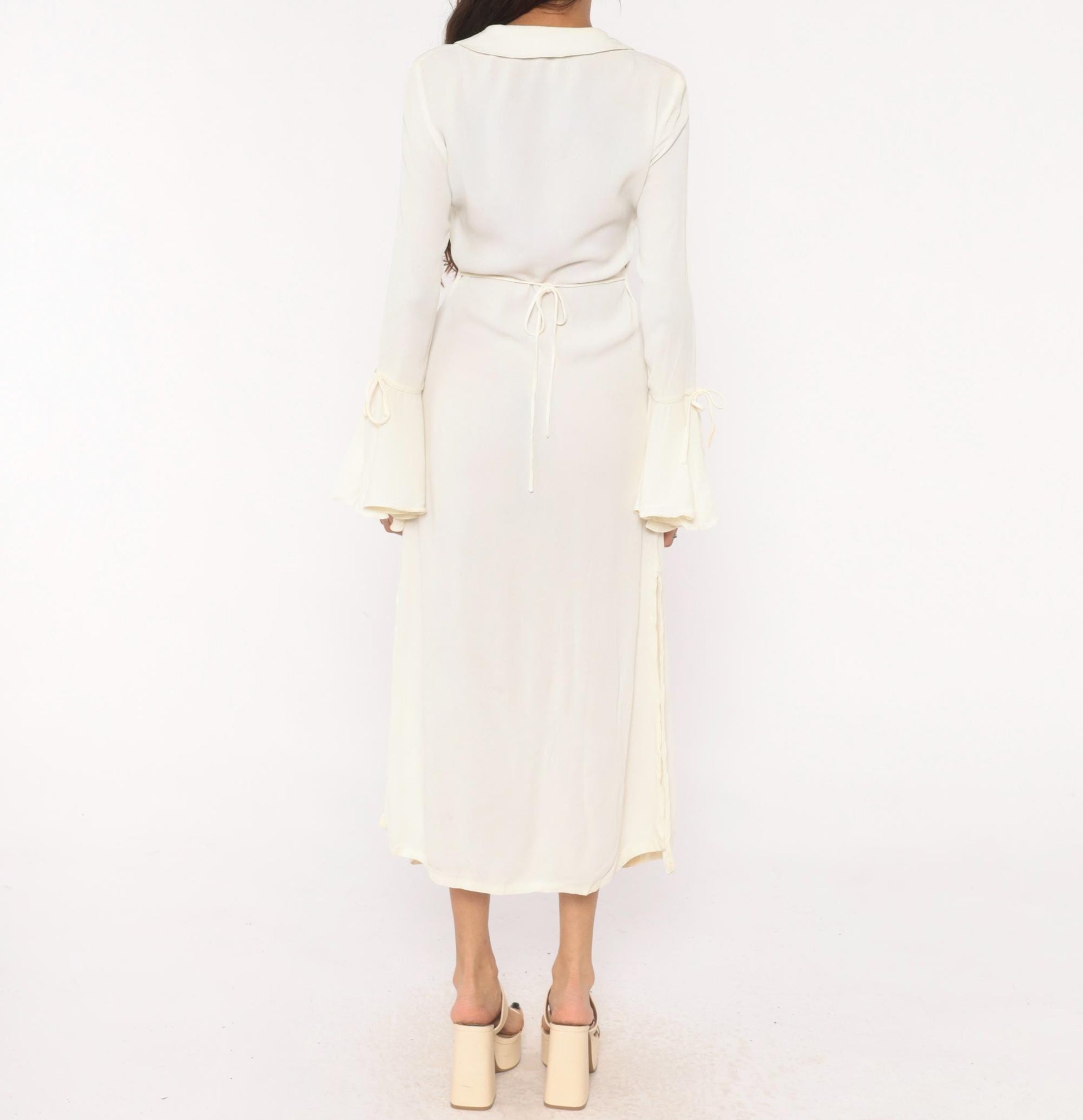 90s Joukar Cream Midi Dress Bell Sleeve V Neck Button Front Medium