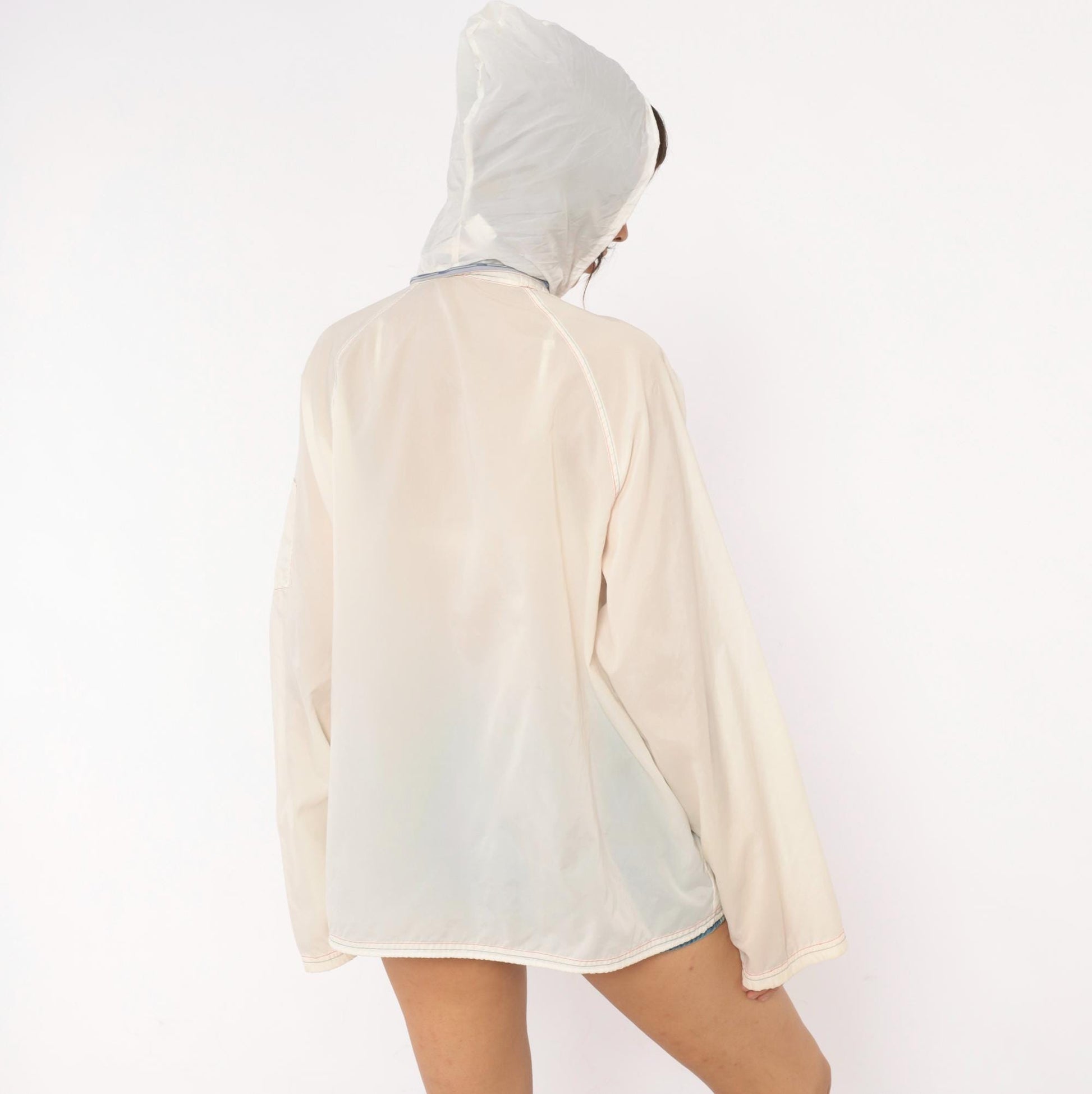 80s White Nylon Windbreaker Hooded Zip Jacket Colour Block Medium