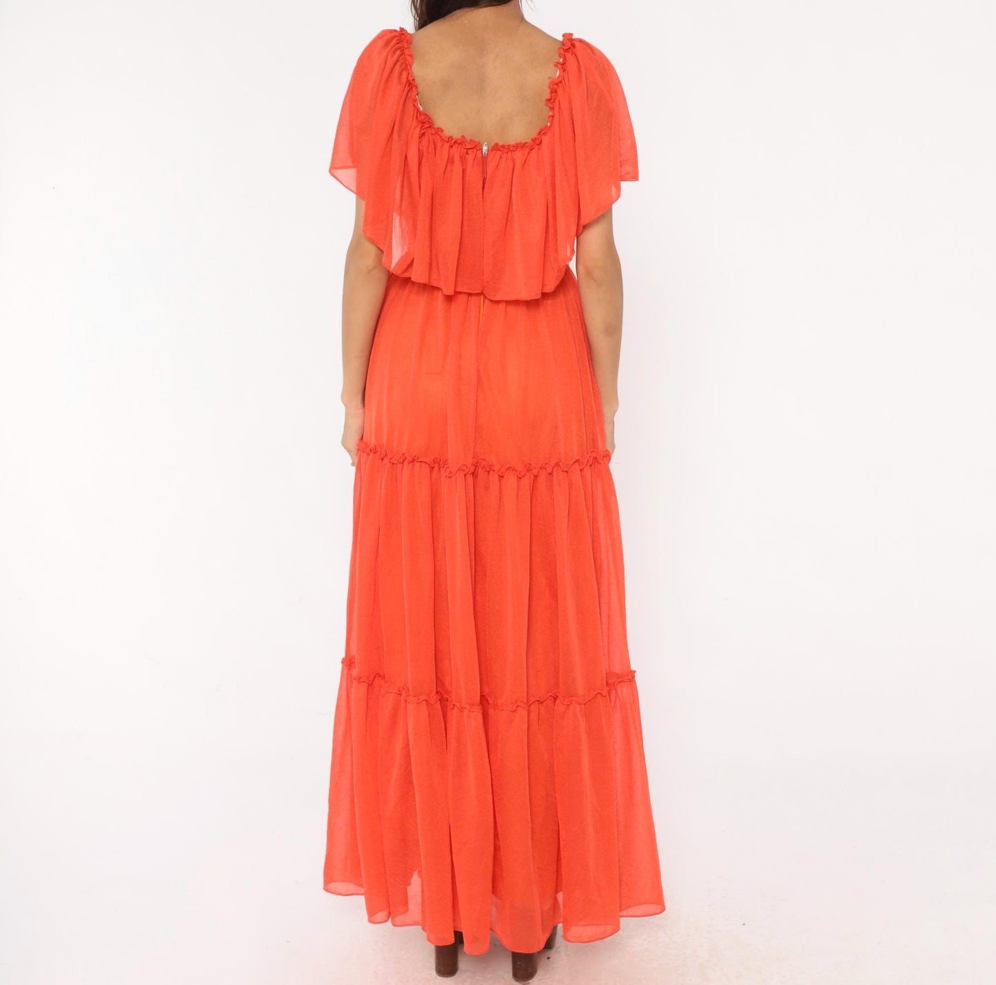 70s Coral Orange Maxi Dress Tiered Ruffle Cape Flutter Sleeve Small